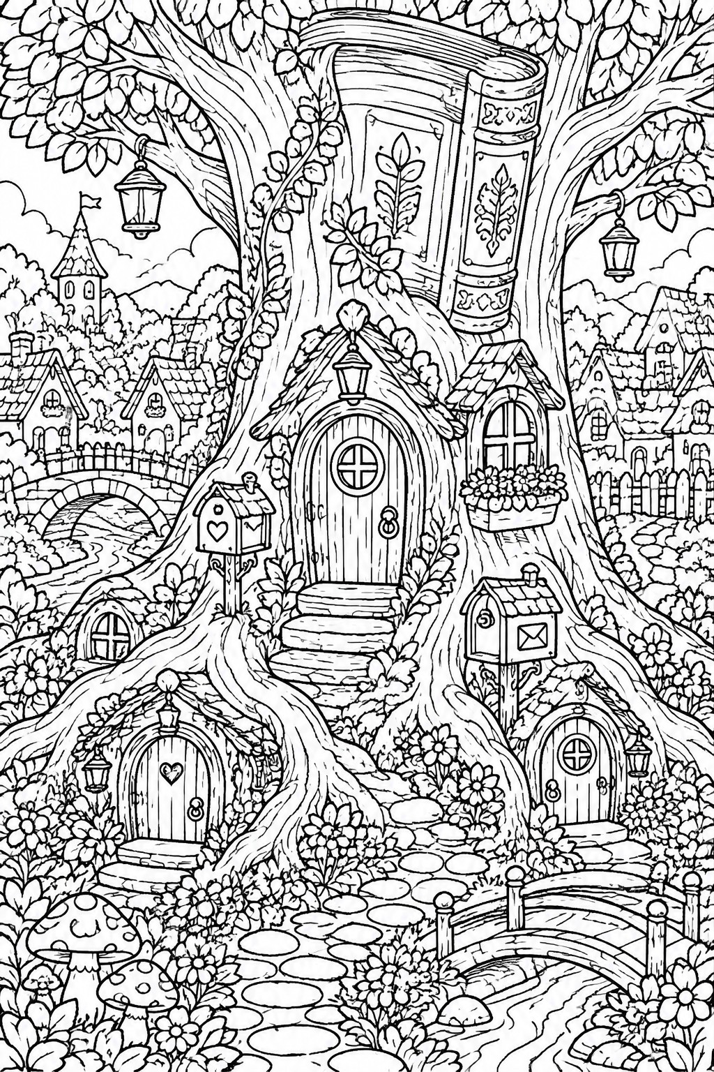 Whimsical black-and-white line art of an enchanted treehouse village with doors and lanterns.