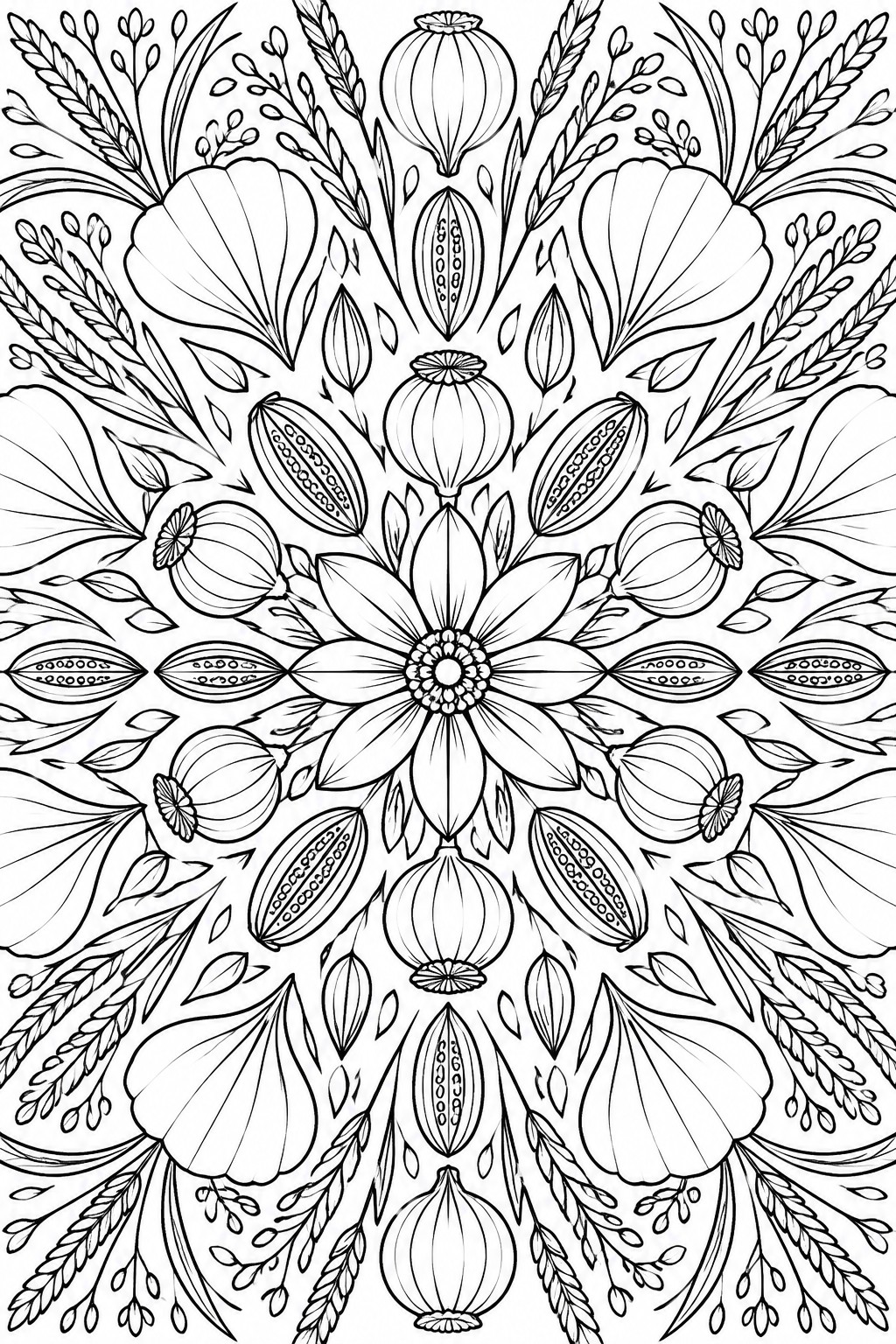 A black and white mandala coloring page with a central flower surrounded by symmetrical seed pods, leaves, and smaller botanical shapes.