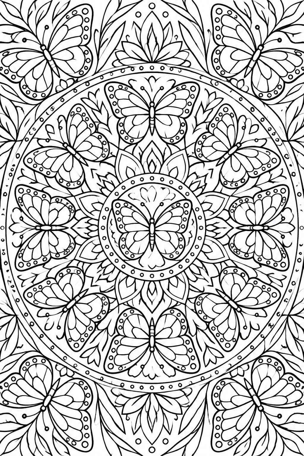 Intricate black-and-white mandala with butterflies, leaves, and dotted circular patterns