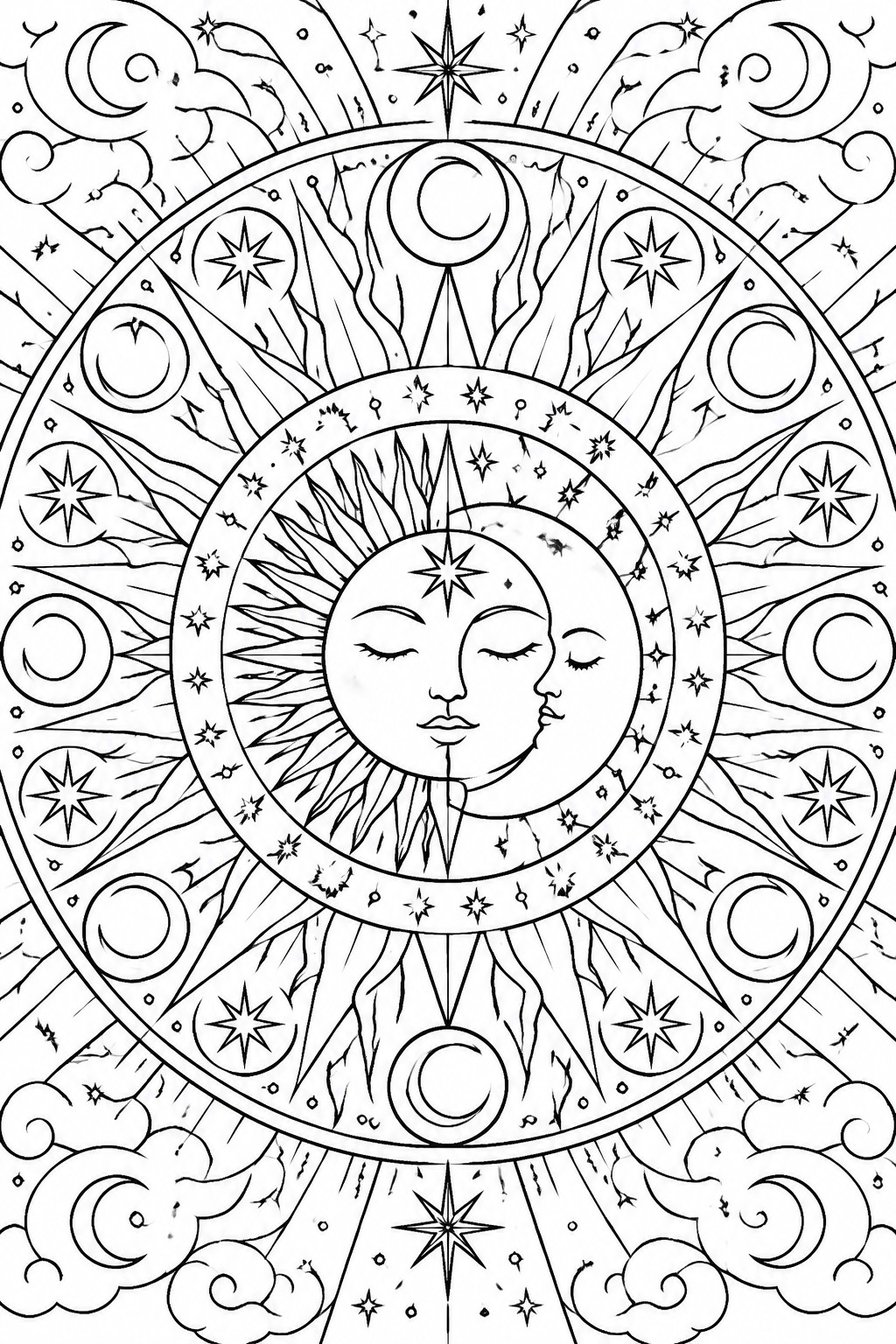 A black and white mandala coloring page with a central sun and moon face, surrounded by stars, crescents, rays, and clouds in layered circles.