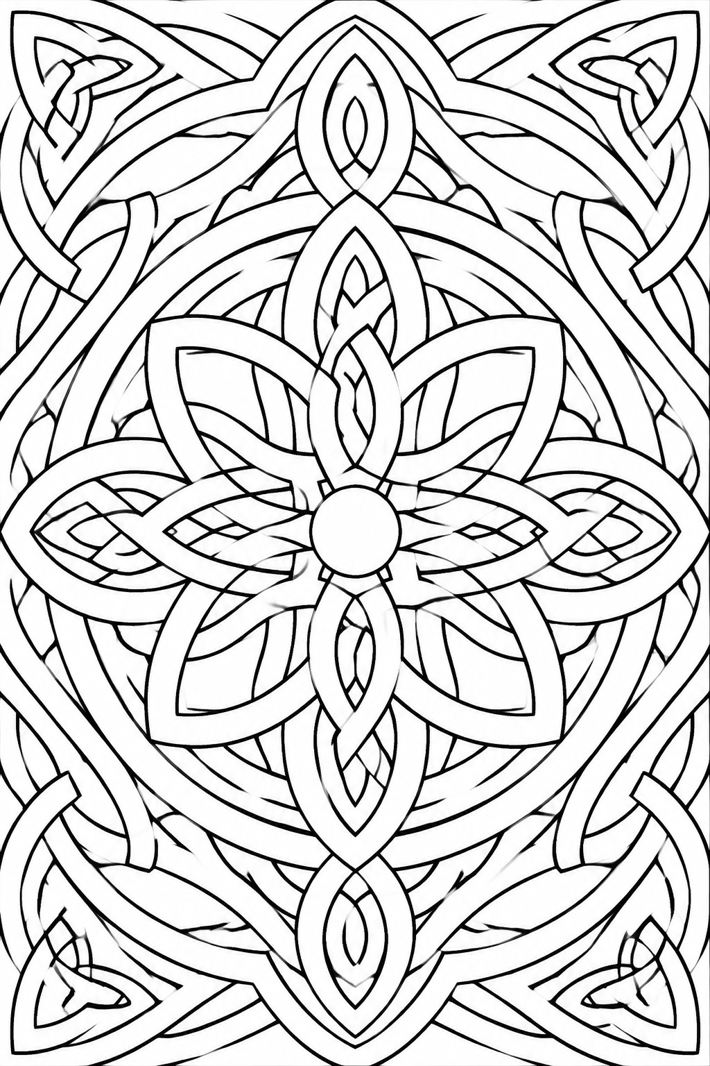 Intricate black-and-white Celtic knot mandala with central floral motif and interwoven loops
