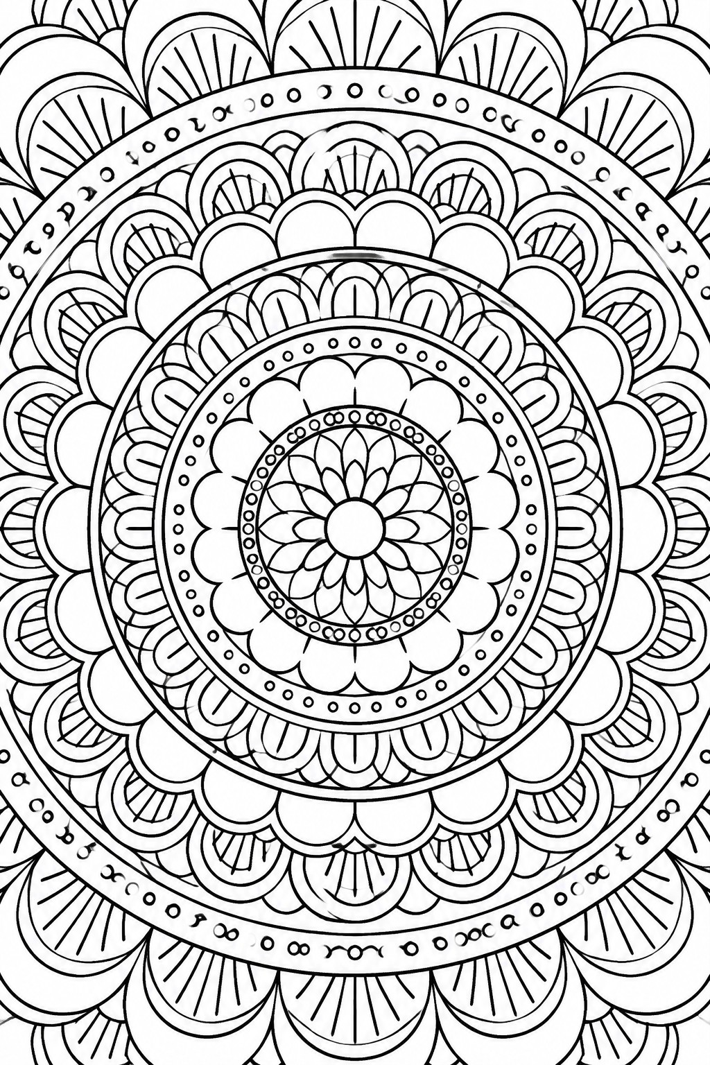 A black and white mandala coloring page featuring a central flower surrounded by multiple concentric rings of scalloped shapes, dots, and radiating lines.
