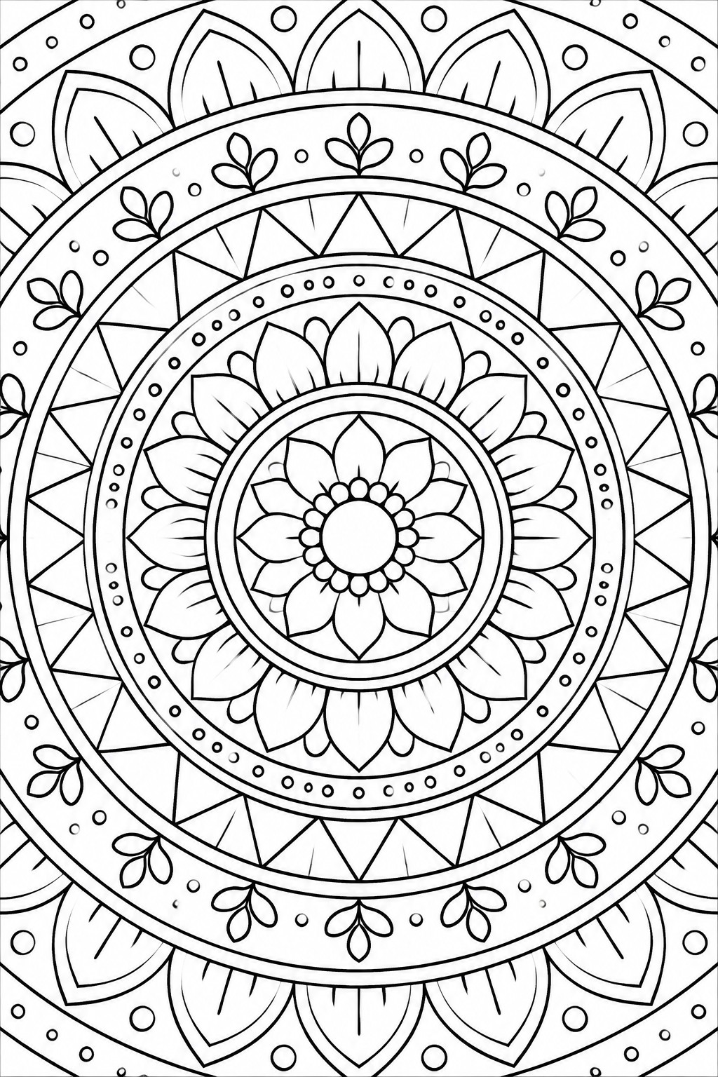 Intricate black-and-white mandala with floral petals, leaves, and geometric circles.