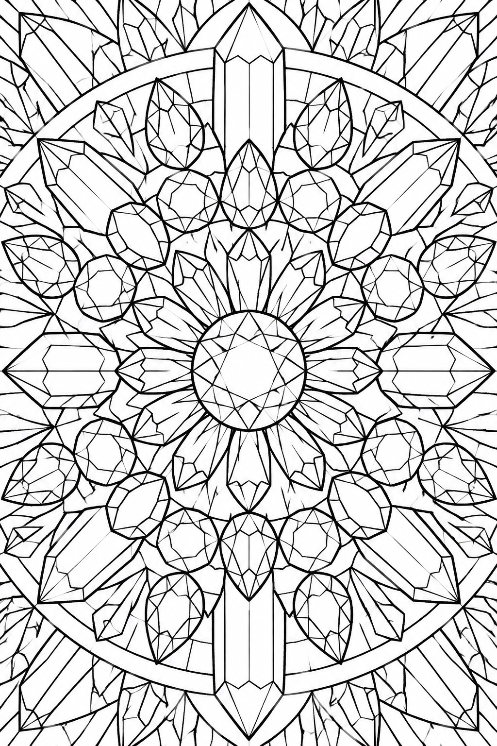 Intricate black-and-white mandala of faceted crystals radiating from a central circle.