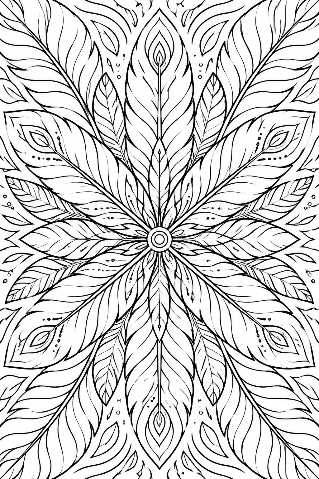 Symmetrical black-and-white mandala of detailed overlapping feathers with central circle.