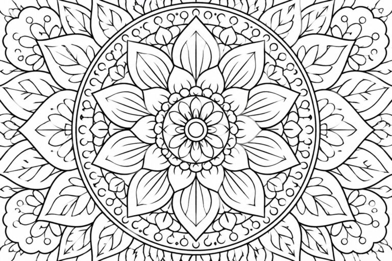 22 Calming Mandala Coloring Pages Designed for Short Coloring Sessions Intricate black-and-white mandala with layered floral petals, leaves, and dotted borders.