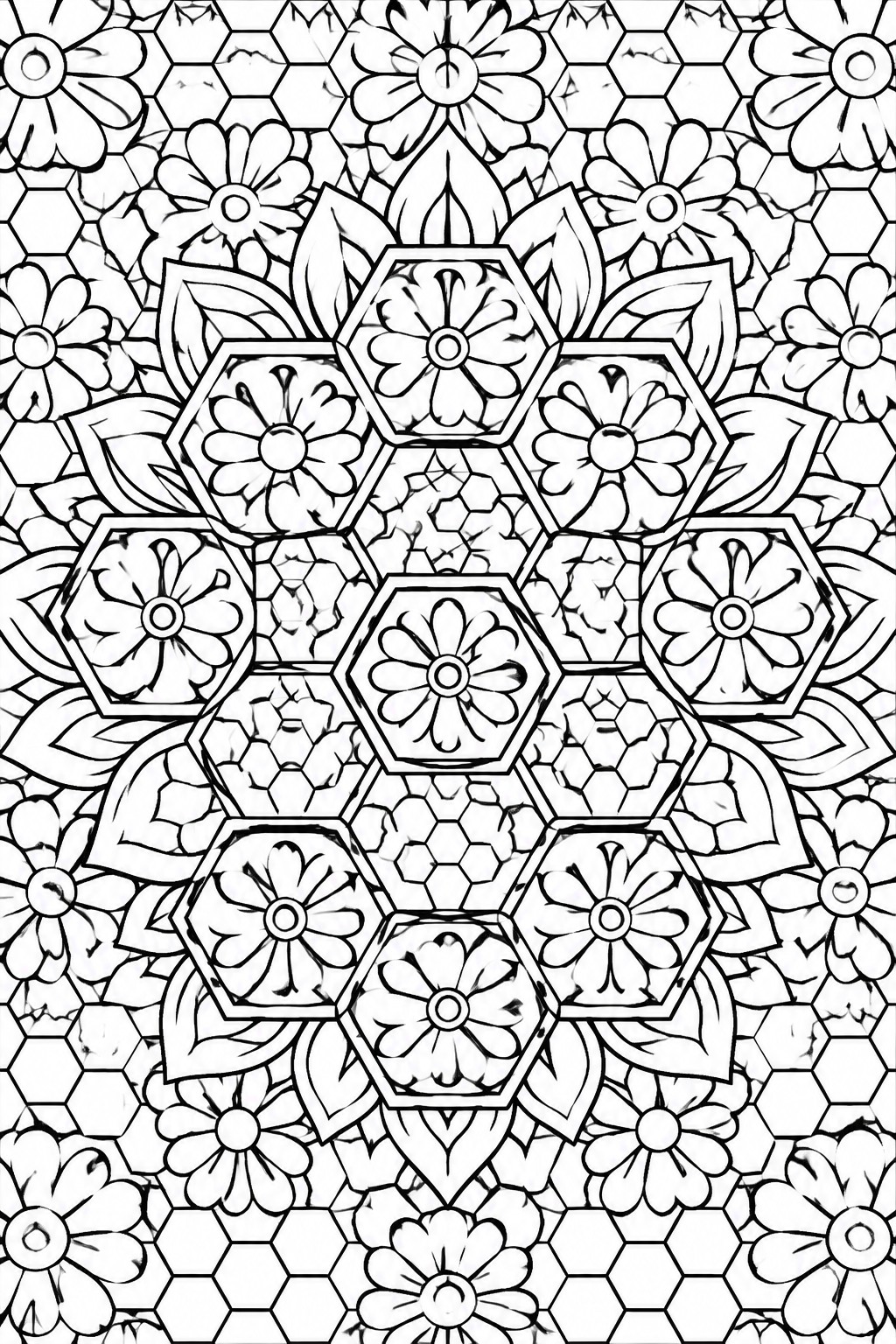 Intricate black and white mandala of floral hexagons with honeycomb patterns