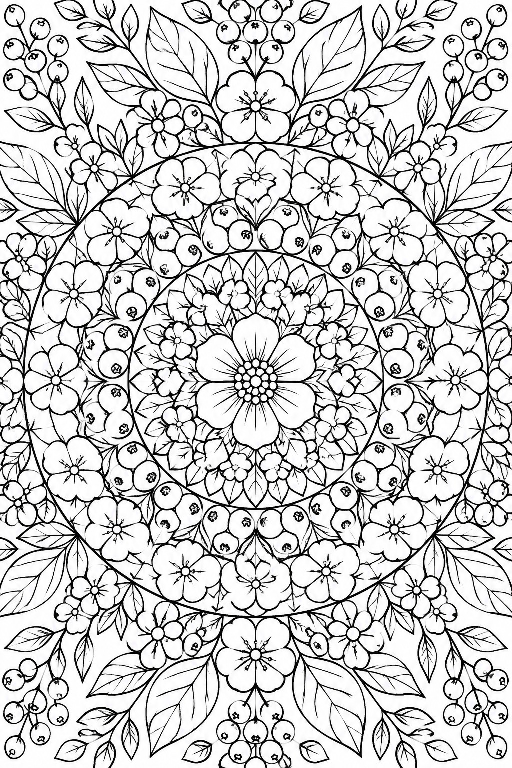 Intricate black-and-white floral mandala with layered flowers, leaves, and berry clusters.