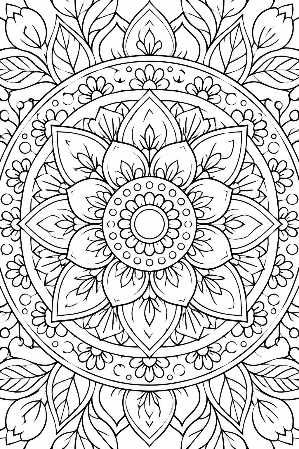 Intricate black-and-white mandala with layered floral petals, leaves, and dotted borders.