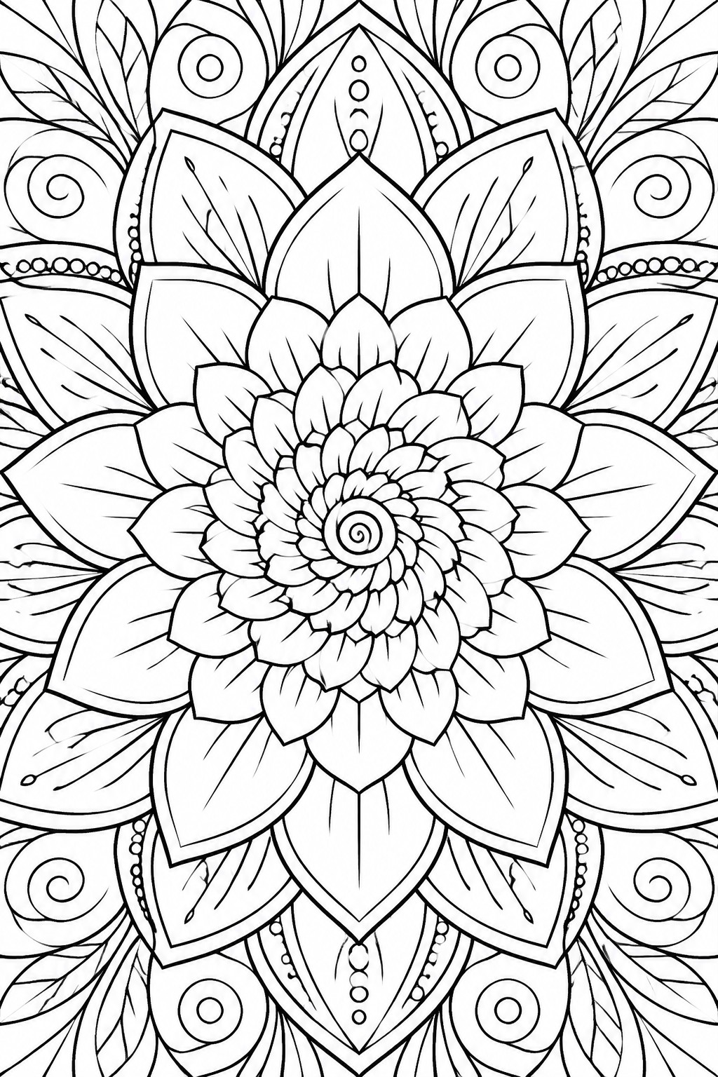 Intricate black-and-white mandala with layered floral petals, leaves, and swirls.