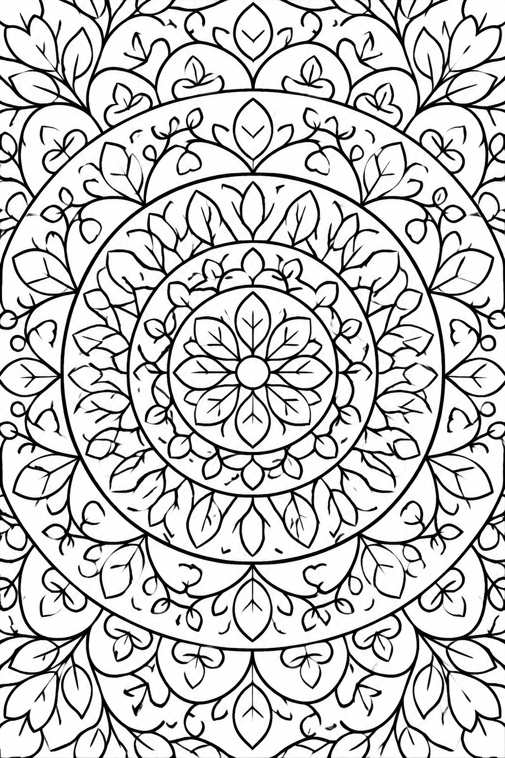 A black and white mandala coloring page with leaf and flower patterns arranged in concentric circles around a central bloom.