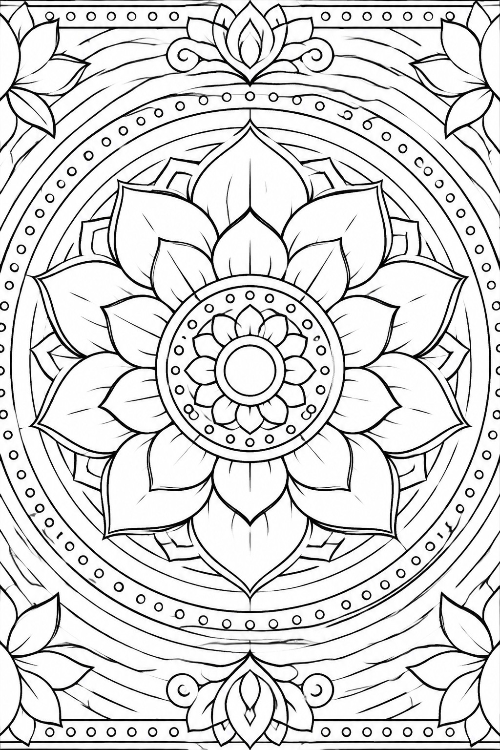 Detailed black-and-white mandala with lotus flowers, petals, and concentric dotted circles.