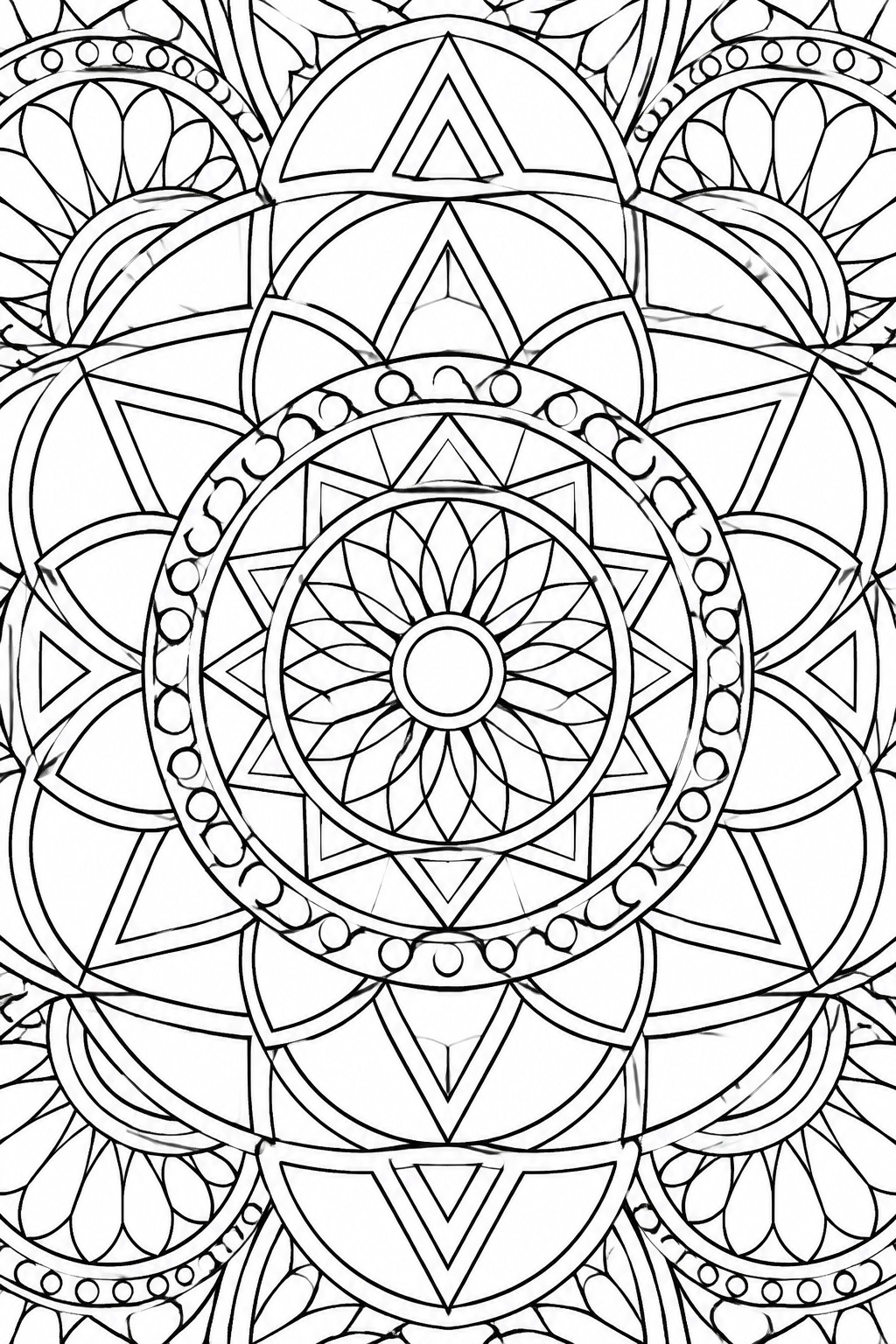 Intricate black and white mandala with layered geometric patterns, triangles, and floral motifs.