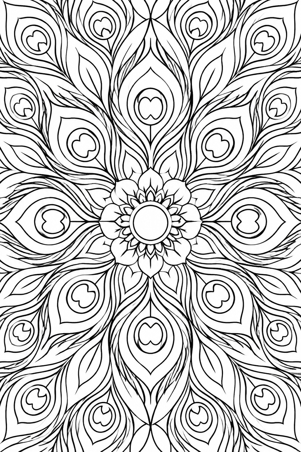 Black and white peacock feather mandala with lotus flower center