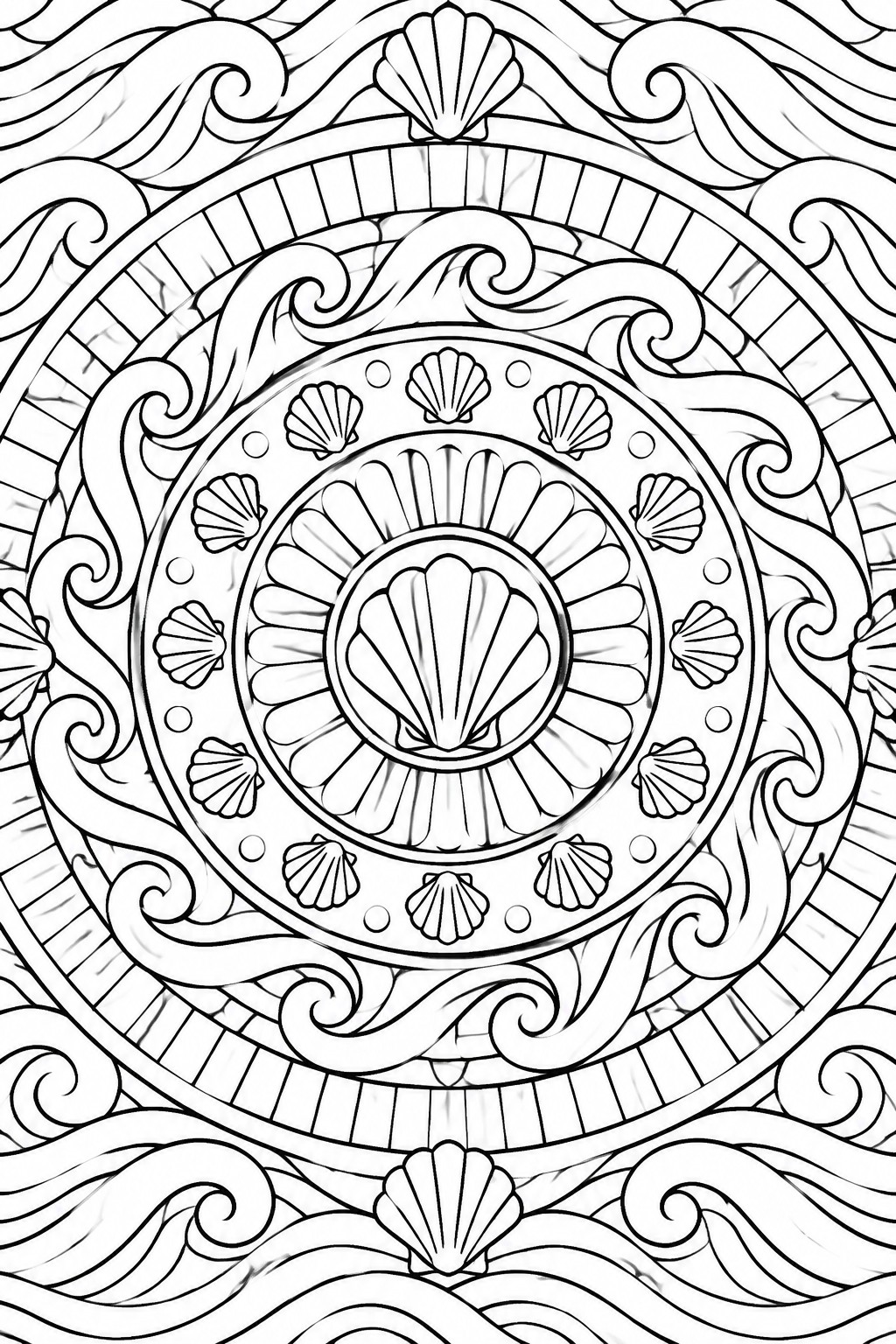 Circular mandala with seashells and swirling wave patterns in black and white.