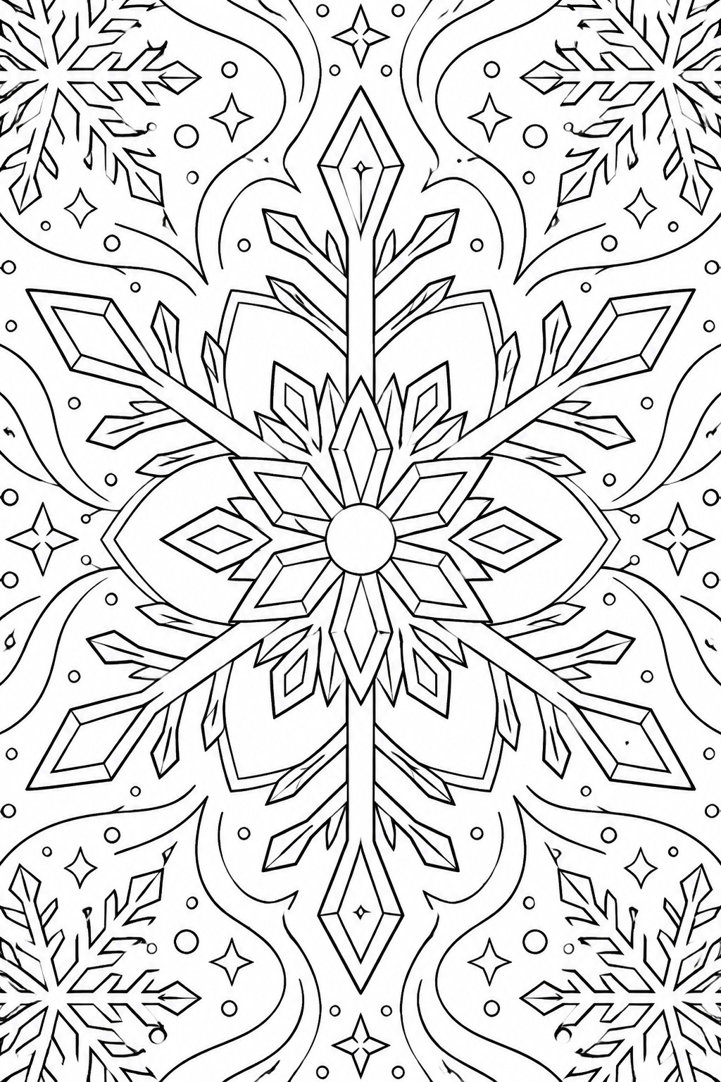 Intricate snowflake mandala with crystals, stars, and swirling patterns.