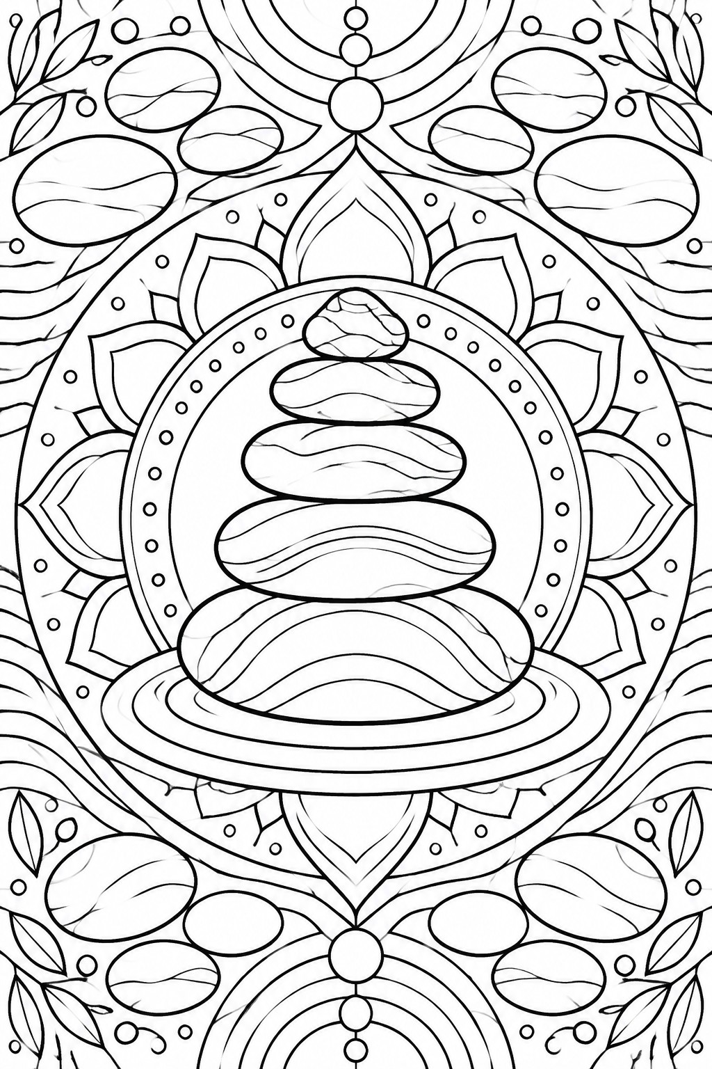 Coloring page with stacked zen stones in ornate mandala circle and leaves