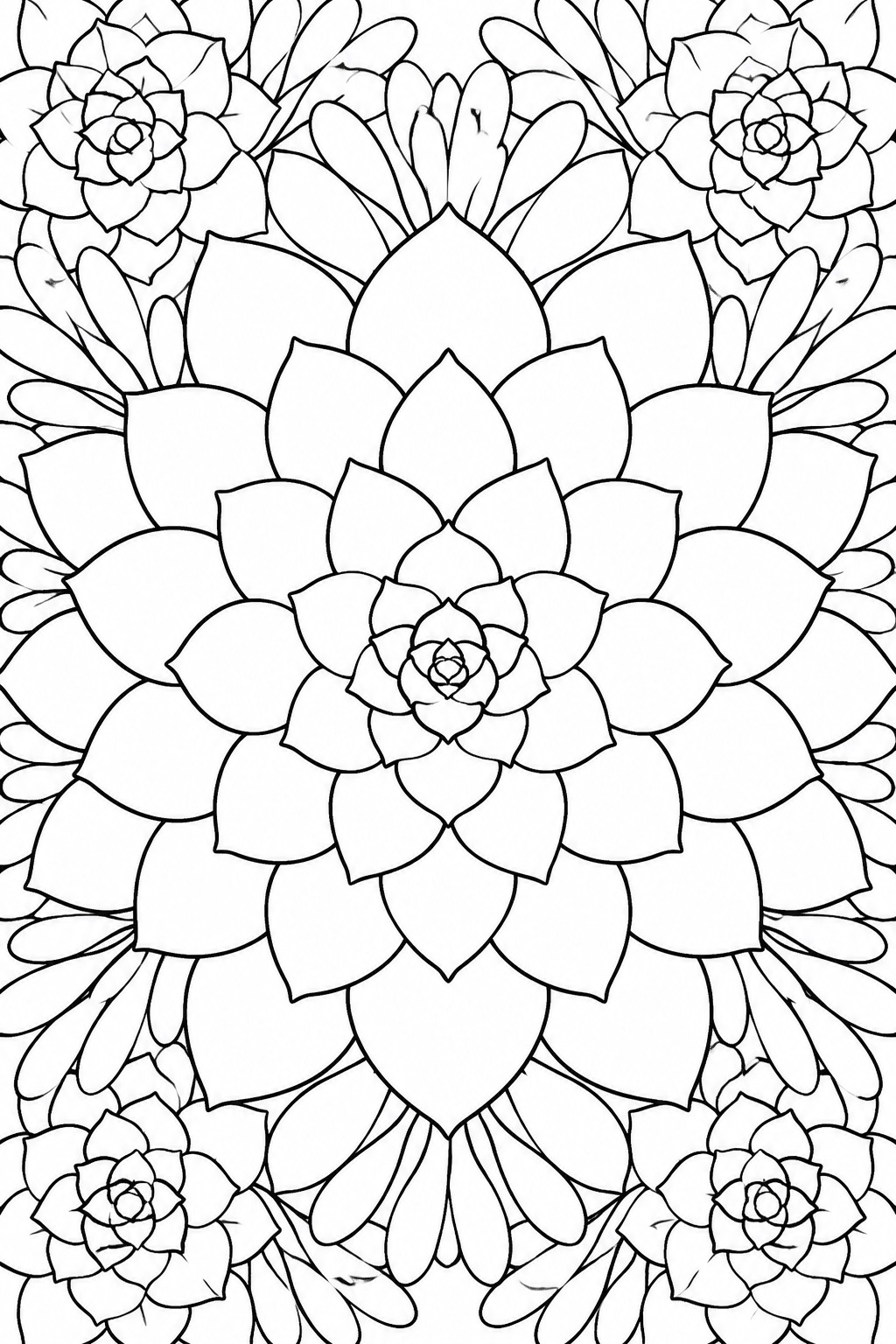 Monochrome line art of dense succulent rosettes with layered leaves and petals