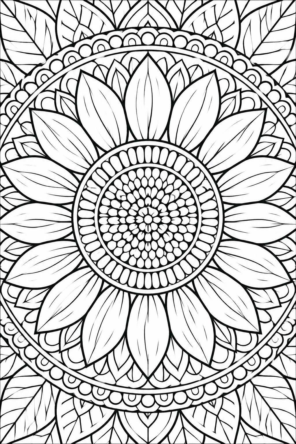 Intricate black-and-white mandala with layered petals, leaves, and circular floral patterns