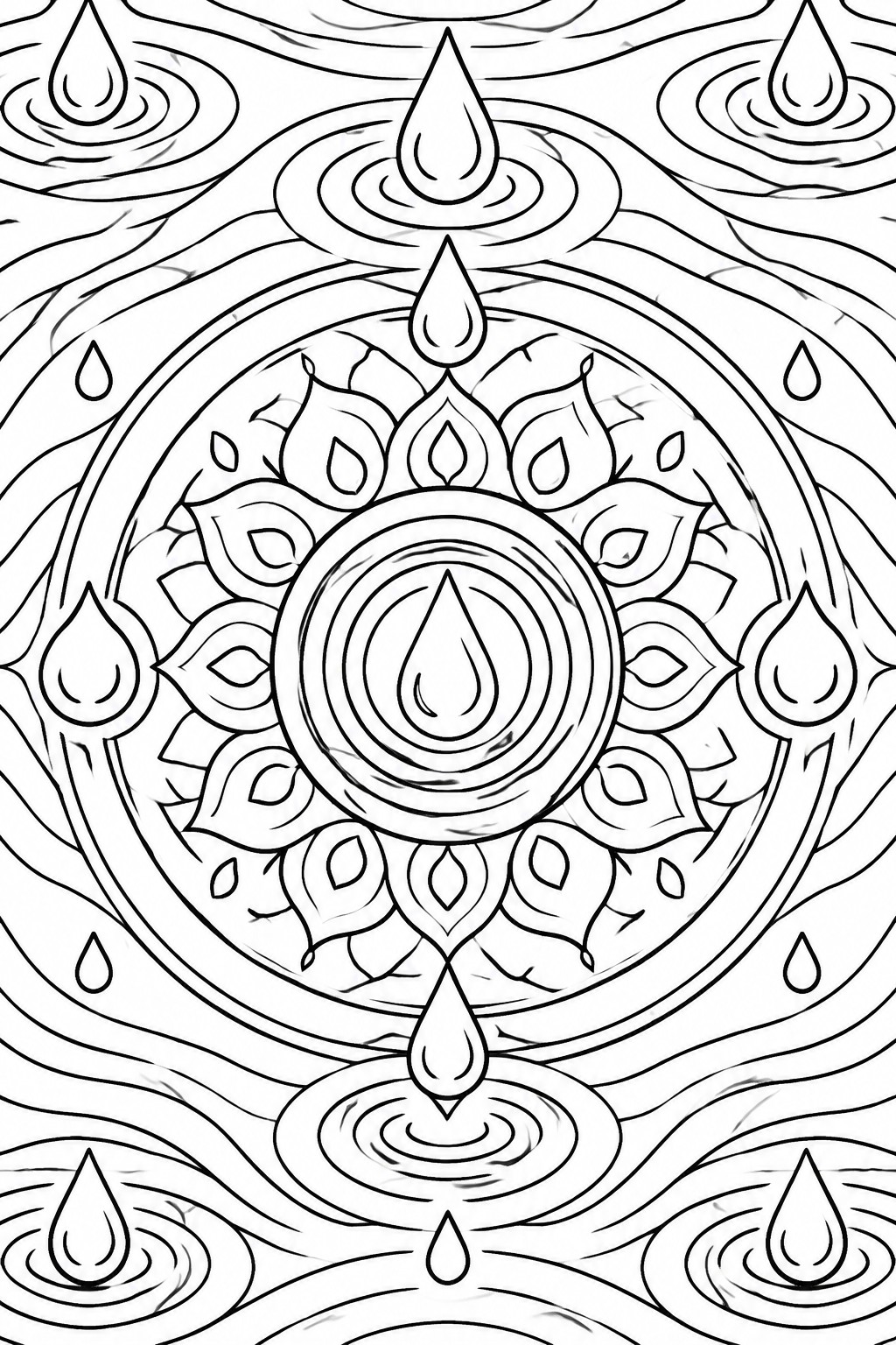 Mandala coloring page with central water drop inside rings, petal shapes with drop accents, and surrounding ripples with scattered droplets.