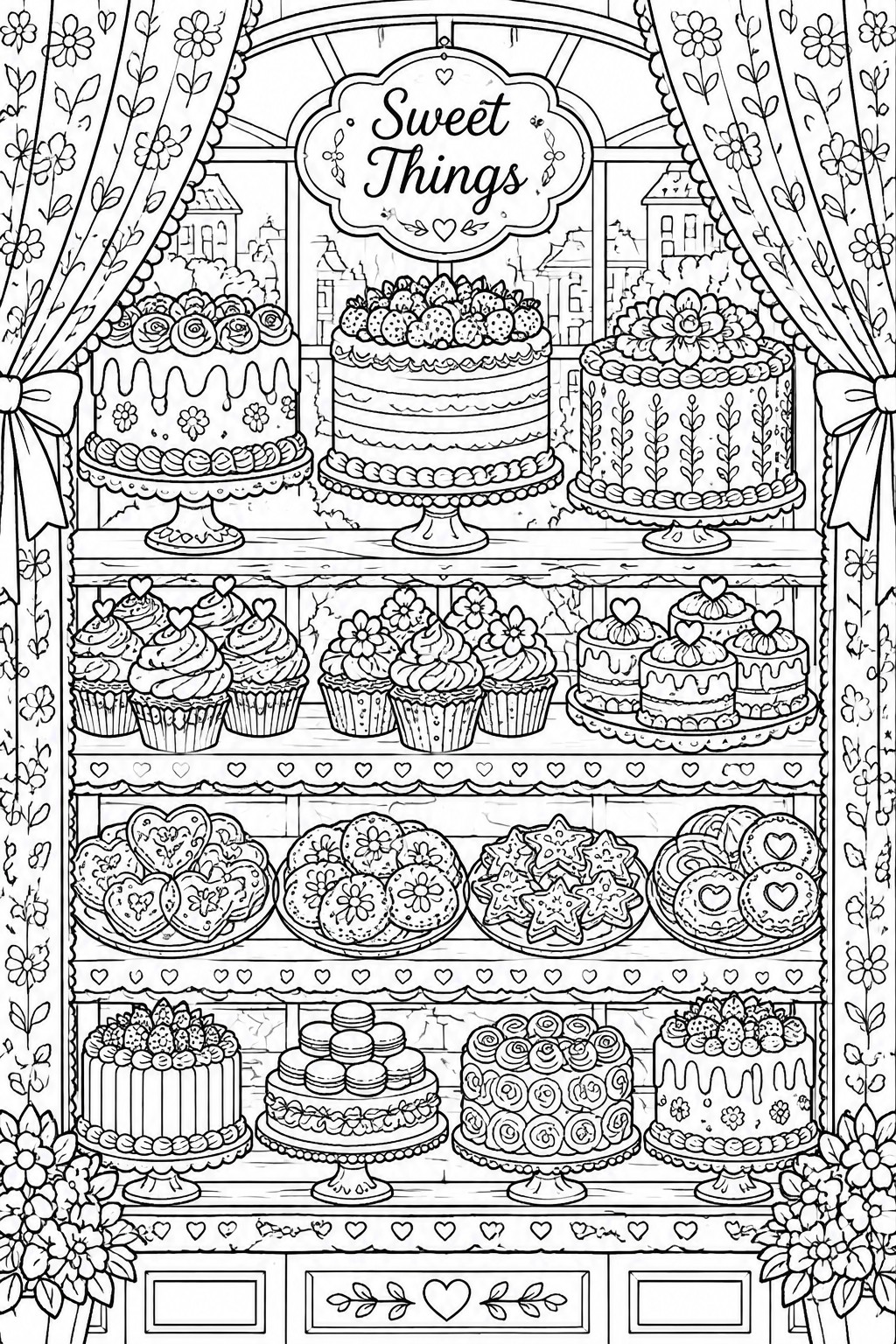 Coloring page of bakery display with tiered cakes, cupcakes, cookies and 