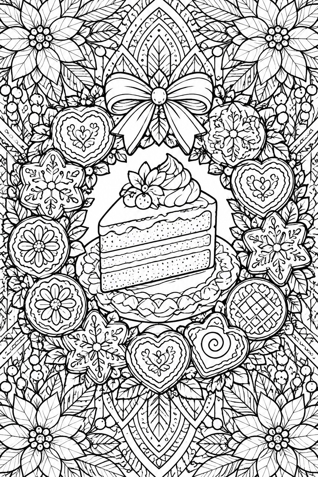 Coloring page of layered cake slice amid Christmas cookies, poinsettias, and bow.