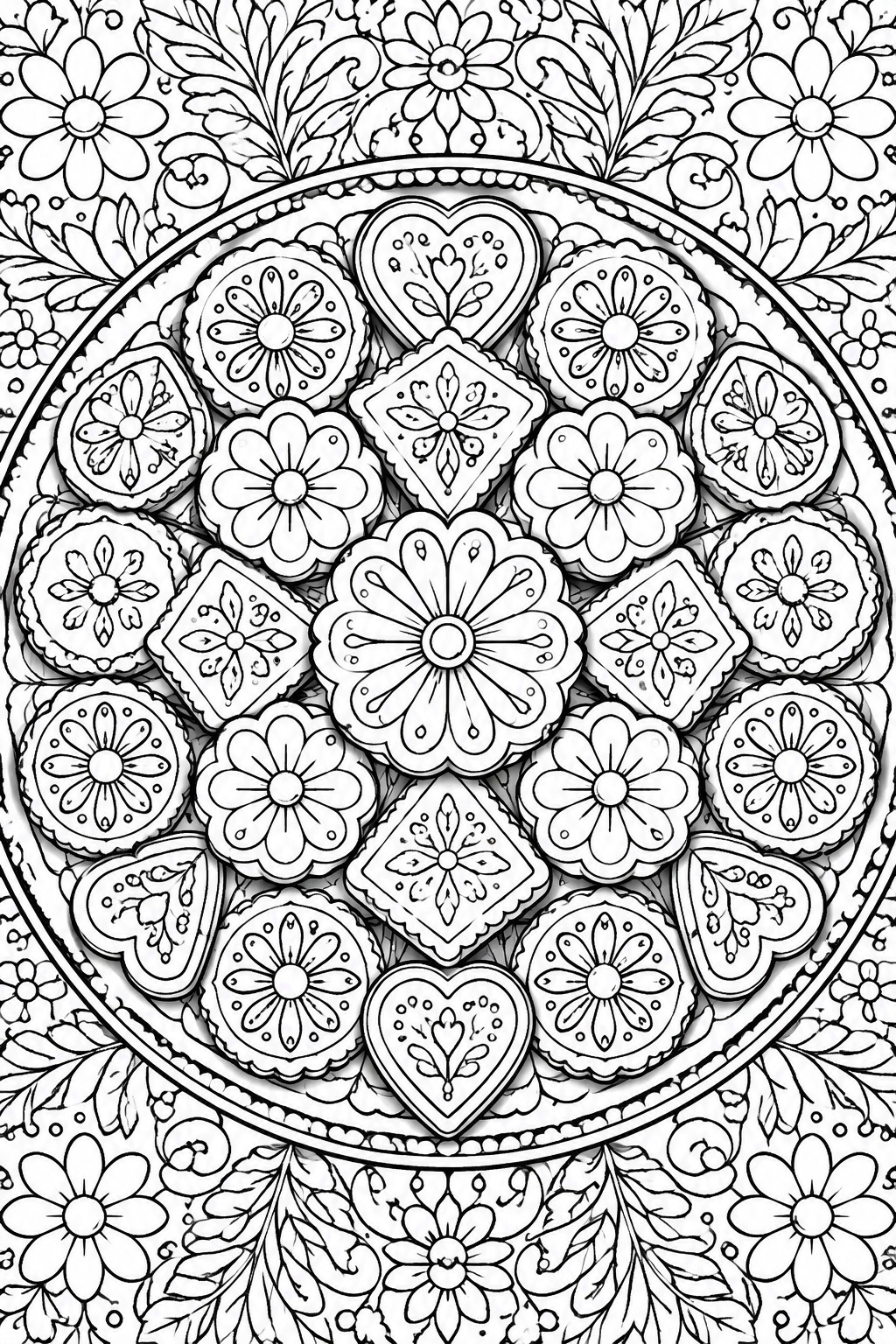 Intricate black and white mandala with layered flowers, hearts, and geometric patterns