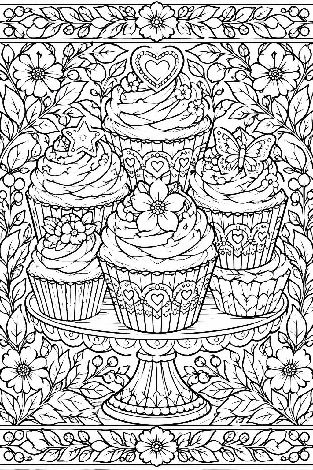 Line art of five ornate cupcakes on a stand amid flowers, hearts, and leaves.