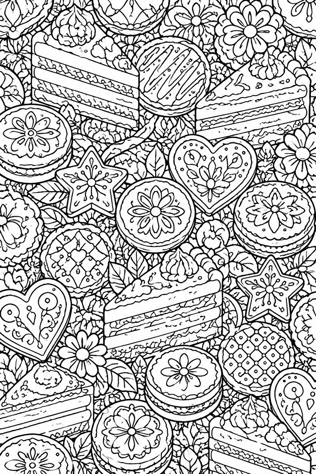 Black and white line art coloring page packed with overlapping cake slices patterned cookies heart and star shapes plus flowers and leaves.