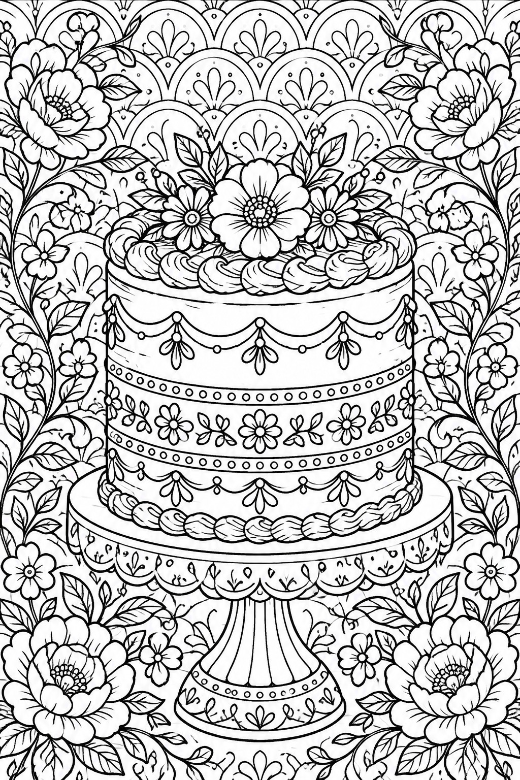 Intricate line art of a flower-adorned cake on pedestal amid floral patterns