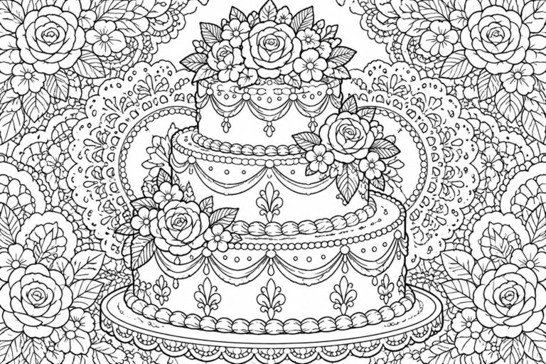 Intricate black-and-white line art of a three-tiered wedding cake with roses and floral decorations.