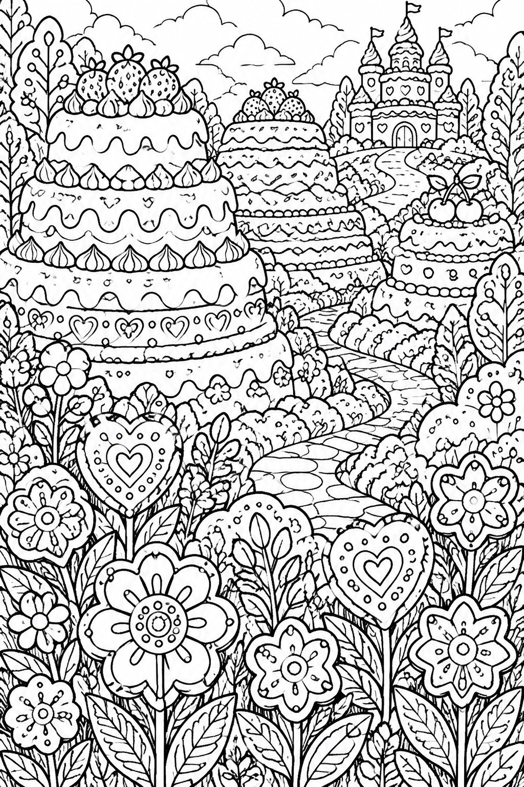 Fantasy garden with tiered cakes, heart flowers, and candy castle line art