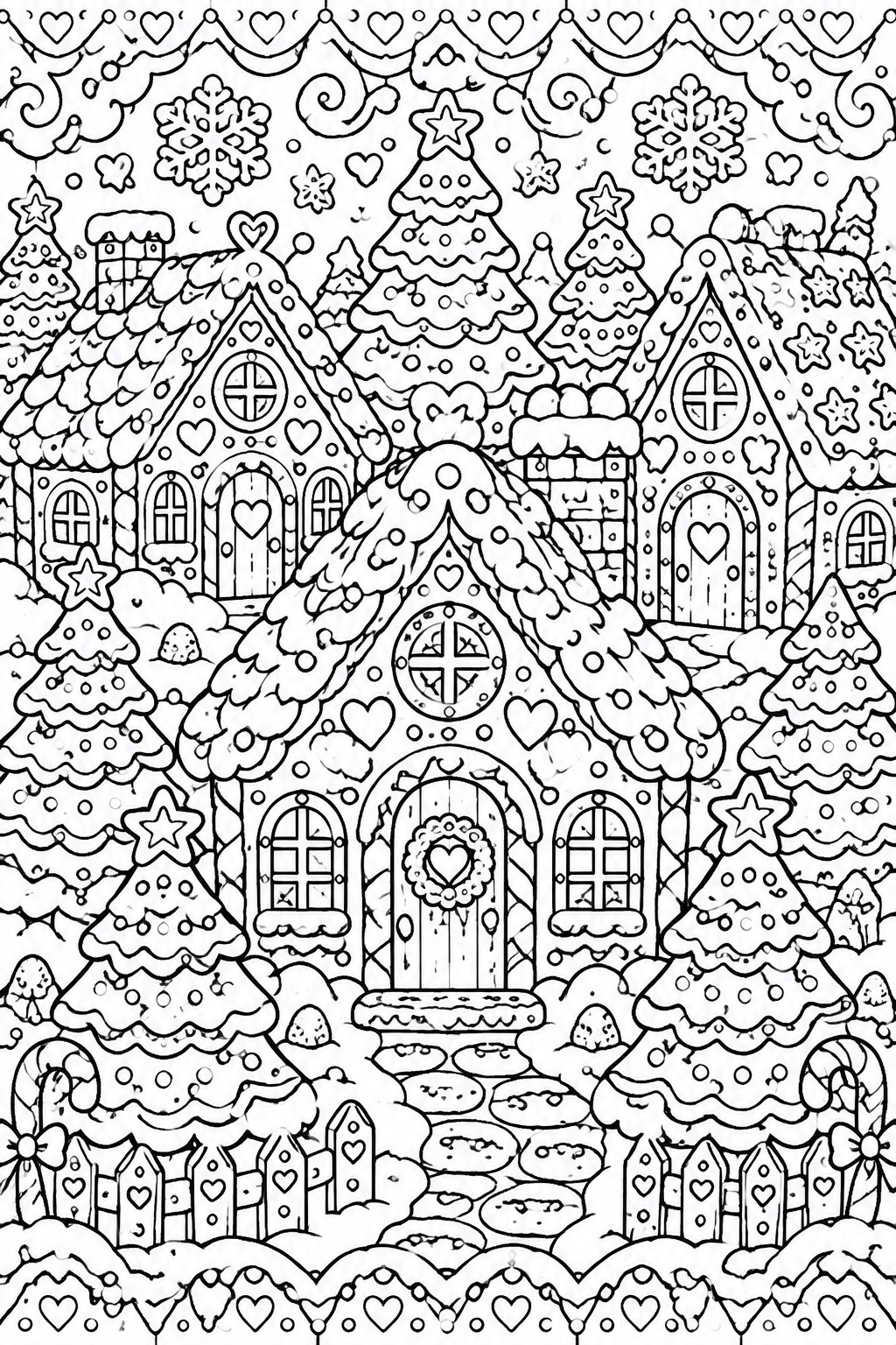 Coloring page of snowy gingerbread houses, Christmas trees, snowflakes, and heart decorations