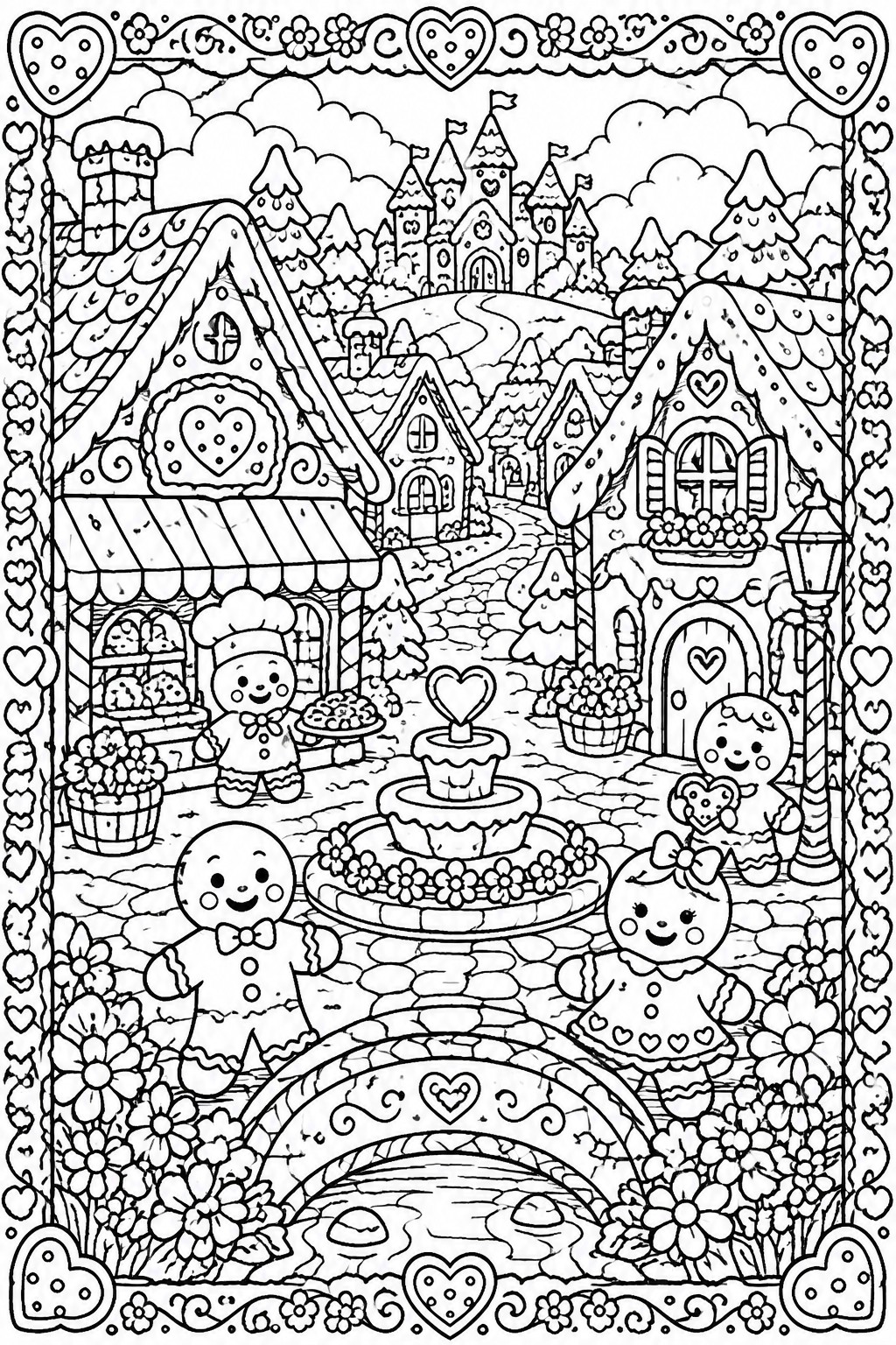 Black-and-white line drawing of gingerbread villagers around a cupcake fountain in a heart-filled village.