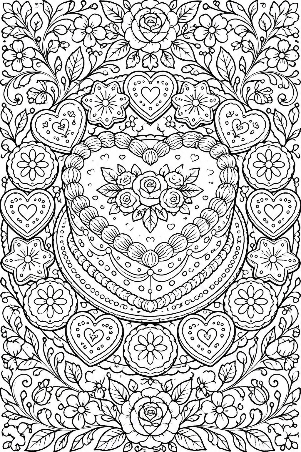 Intricate black-and-white mandala of hearts, roses, flowers, and braided patterns.