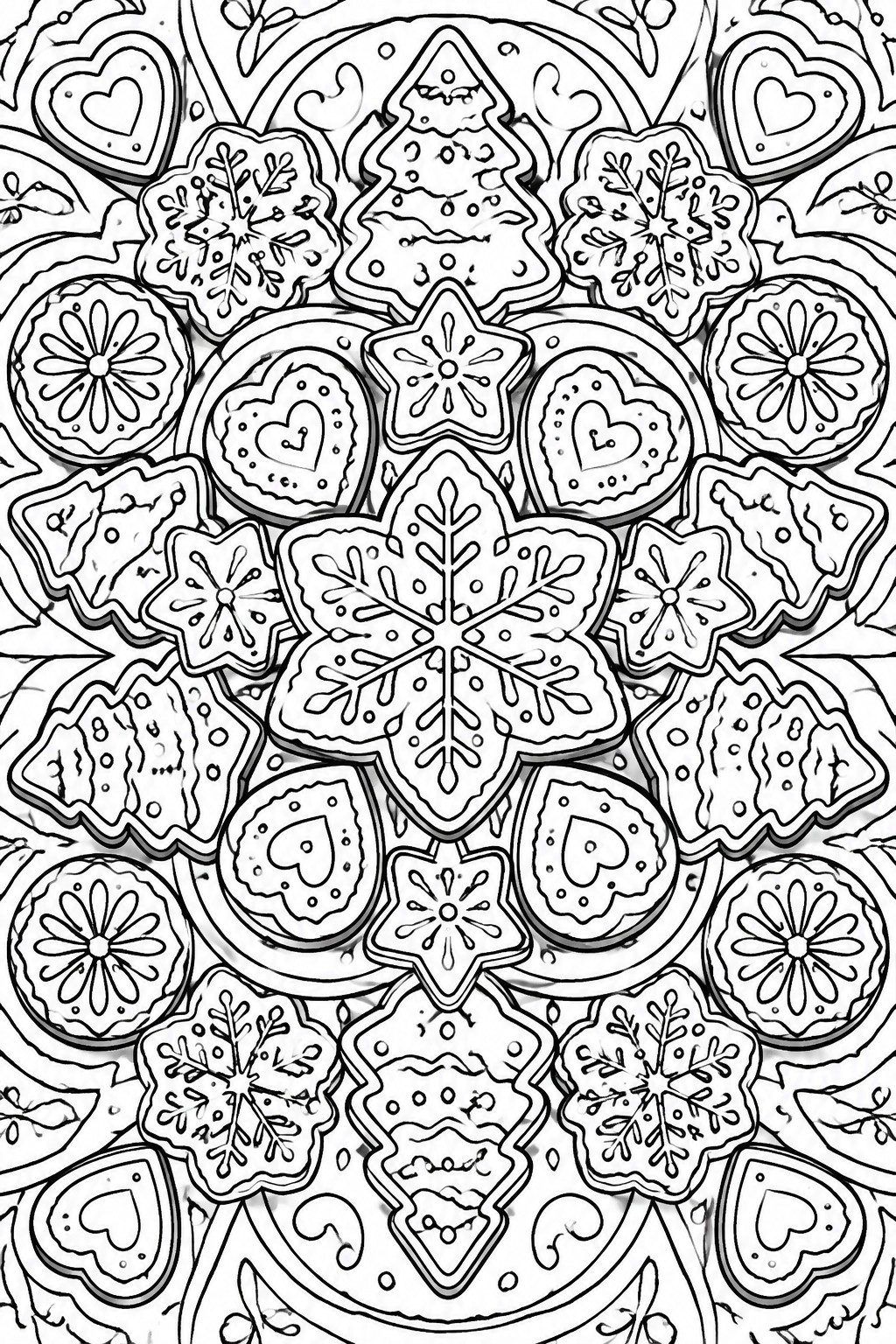 Mandala of Christmas cookie shapes including snowflakes, hearts, trees and stars