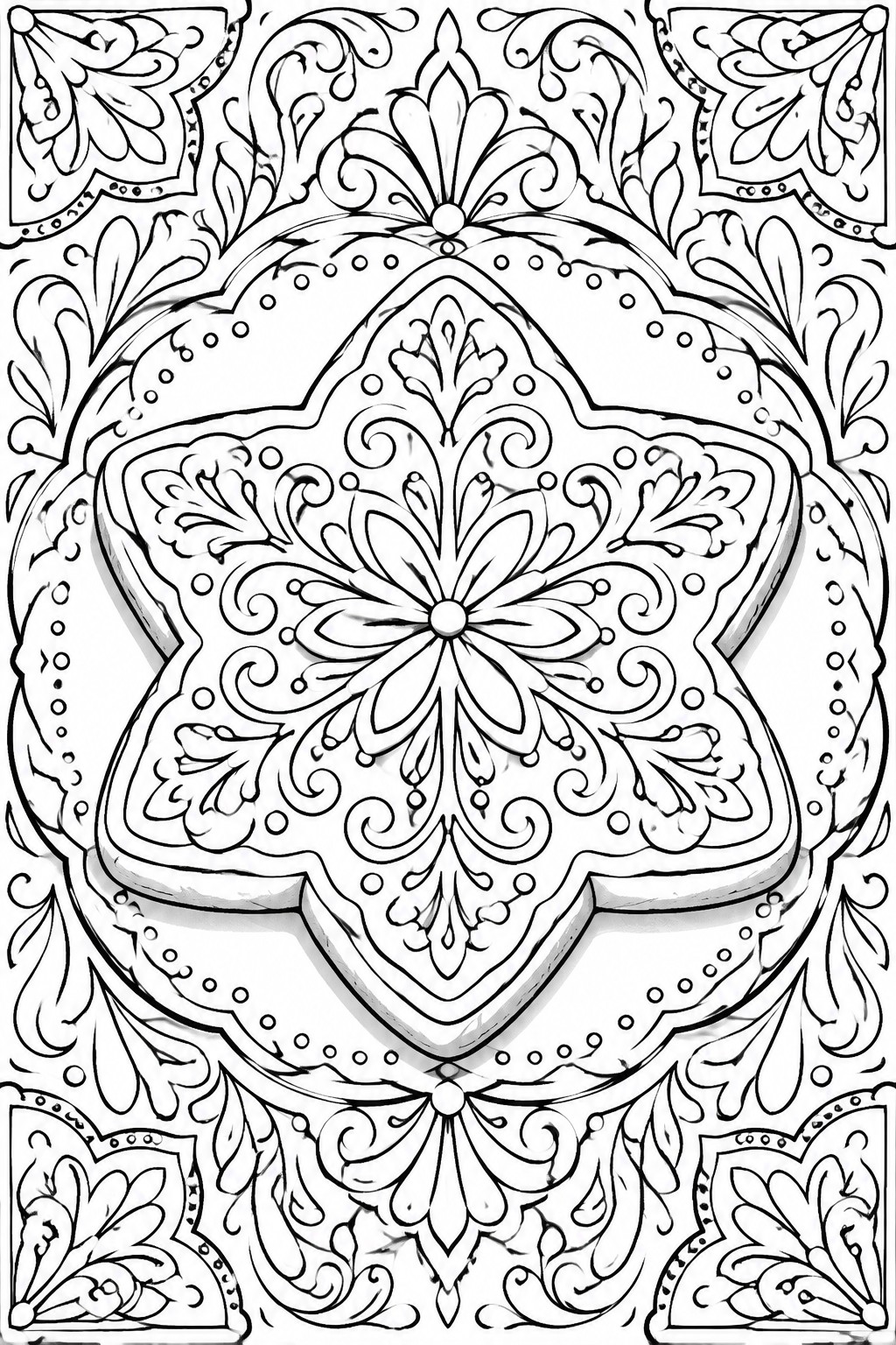 Black and white line art of a detailed mandala inside a star-shaped cookie outline with leaf borders and corner decorations.