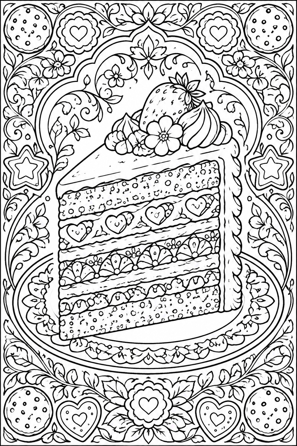Black and white line art coloring page of a layered cake slice topped with strawberries and flowers, framed by a decorative border with cookies and hearts.