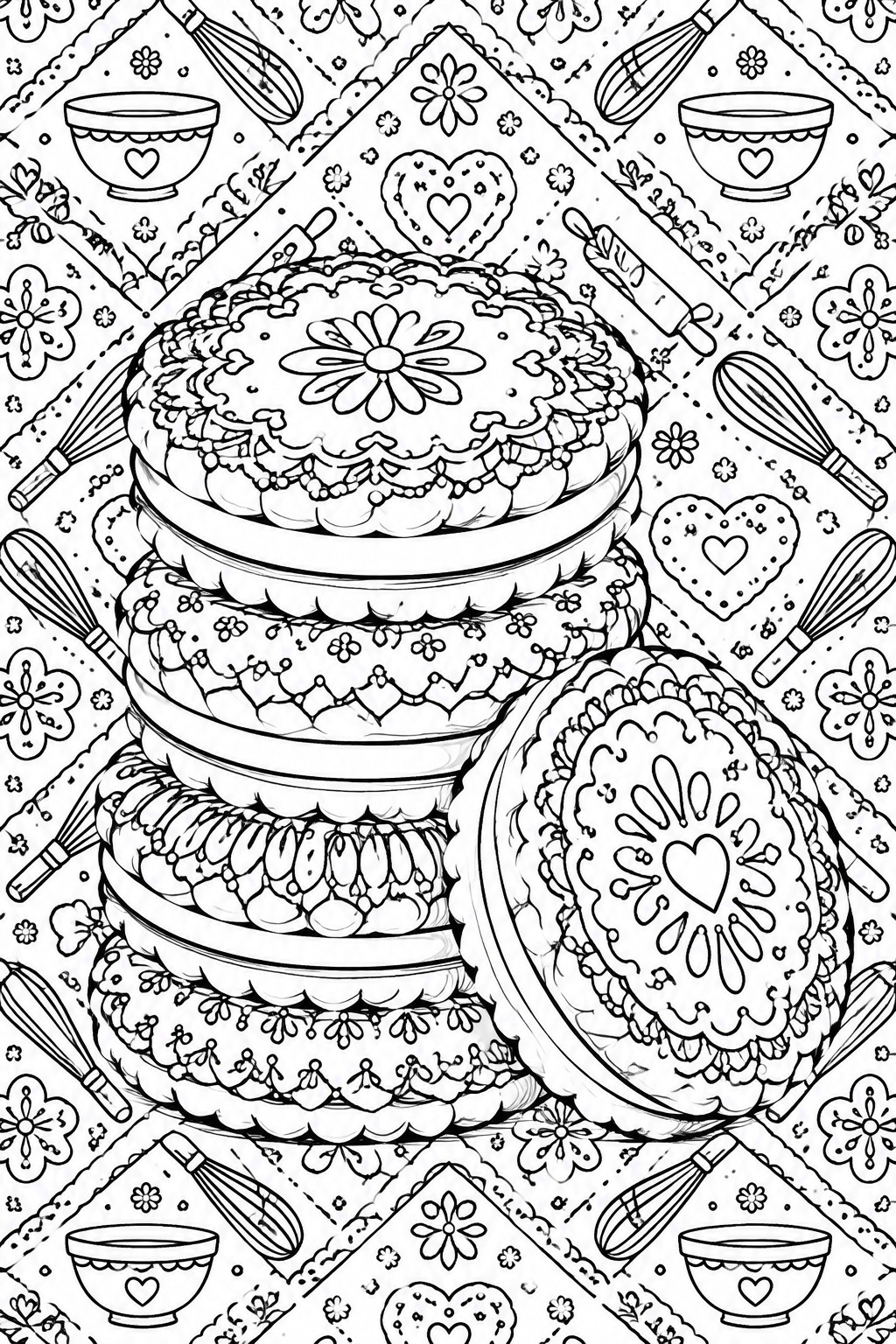 Line art of stacked ornate cakes with baking whisks, rolling pins, and hearts