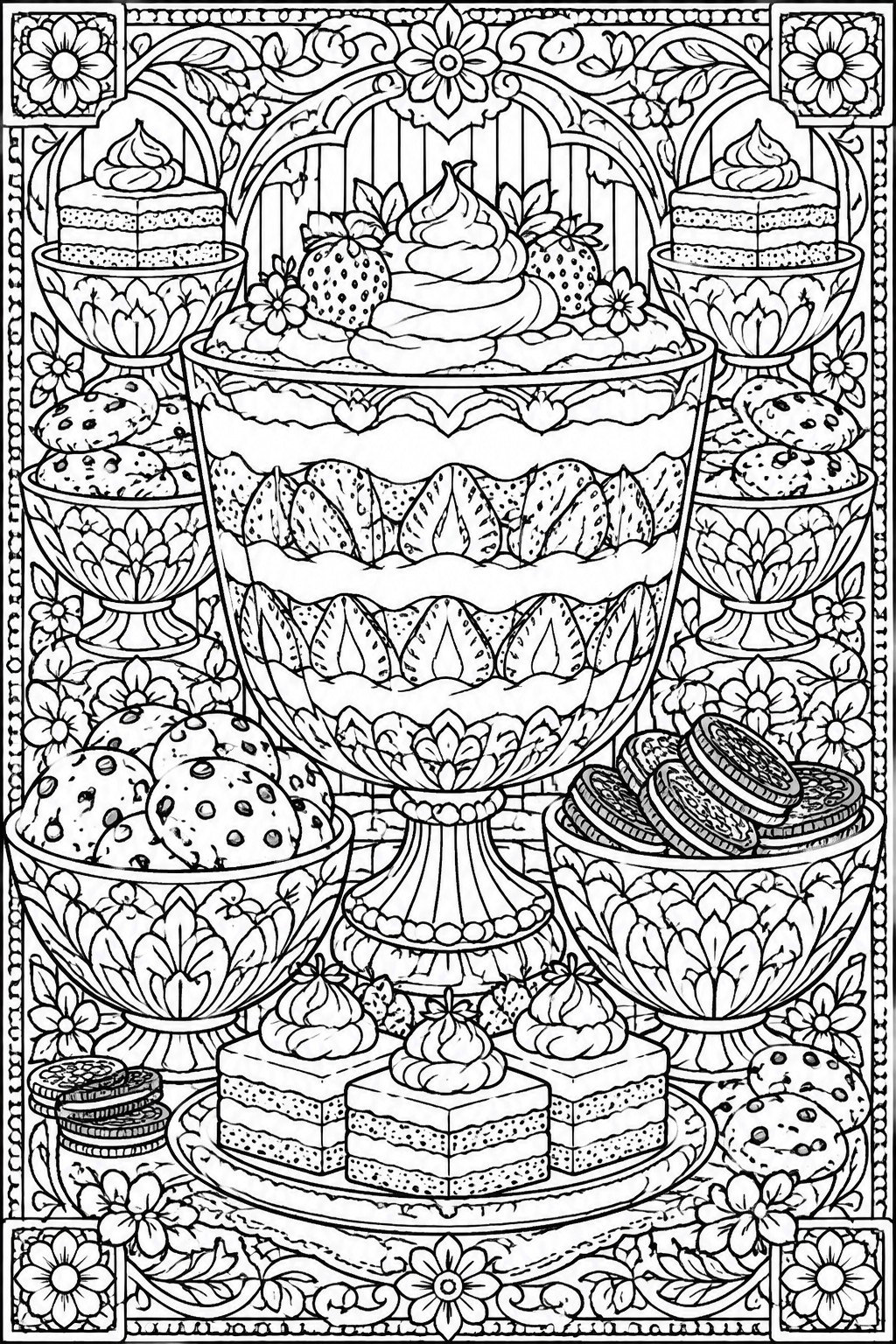 Coloring book page with central trifle, cookies, cakes, and floral motifs