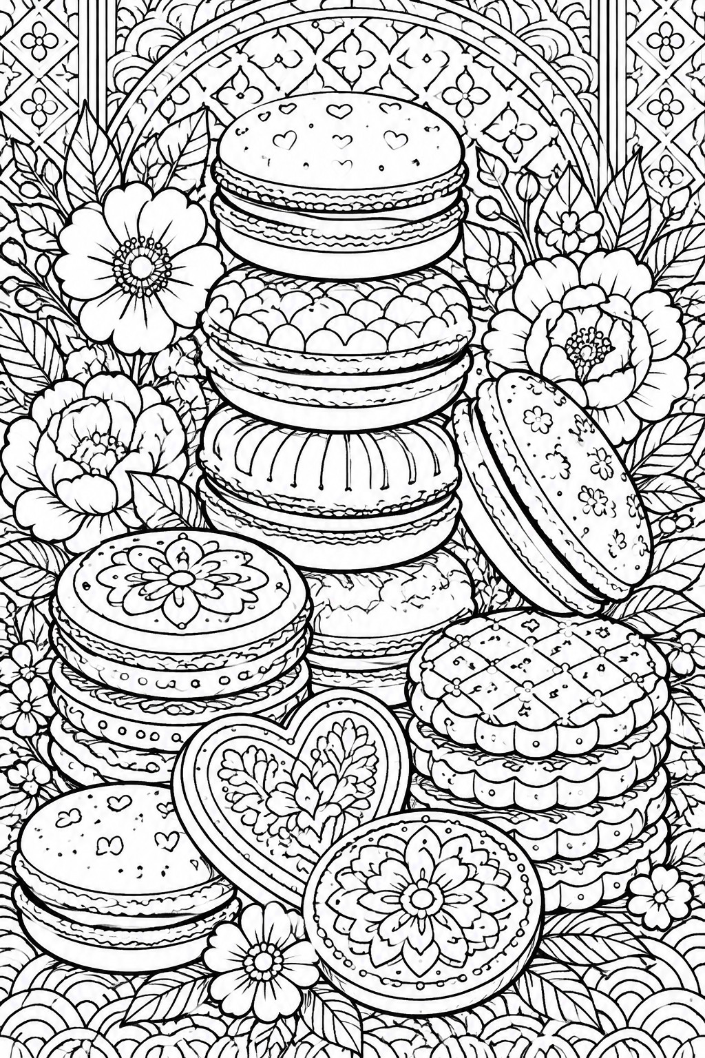 A black and white line drawing of stacked macarons and cookies with floral patterns, surrounded by flowers and leaves.