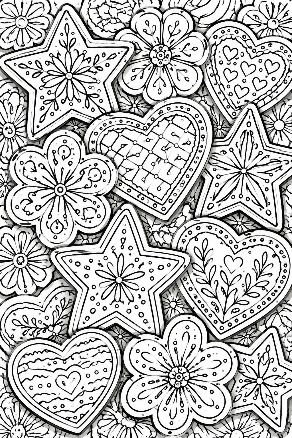 Black and white coloring page of overlapping decorated star, heart, and flower cookies