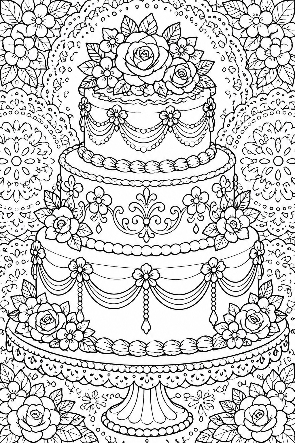 Intricate black-and-white line art of a three-tiered wedding cake with roses and floral decorations.
