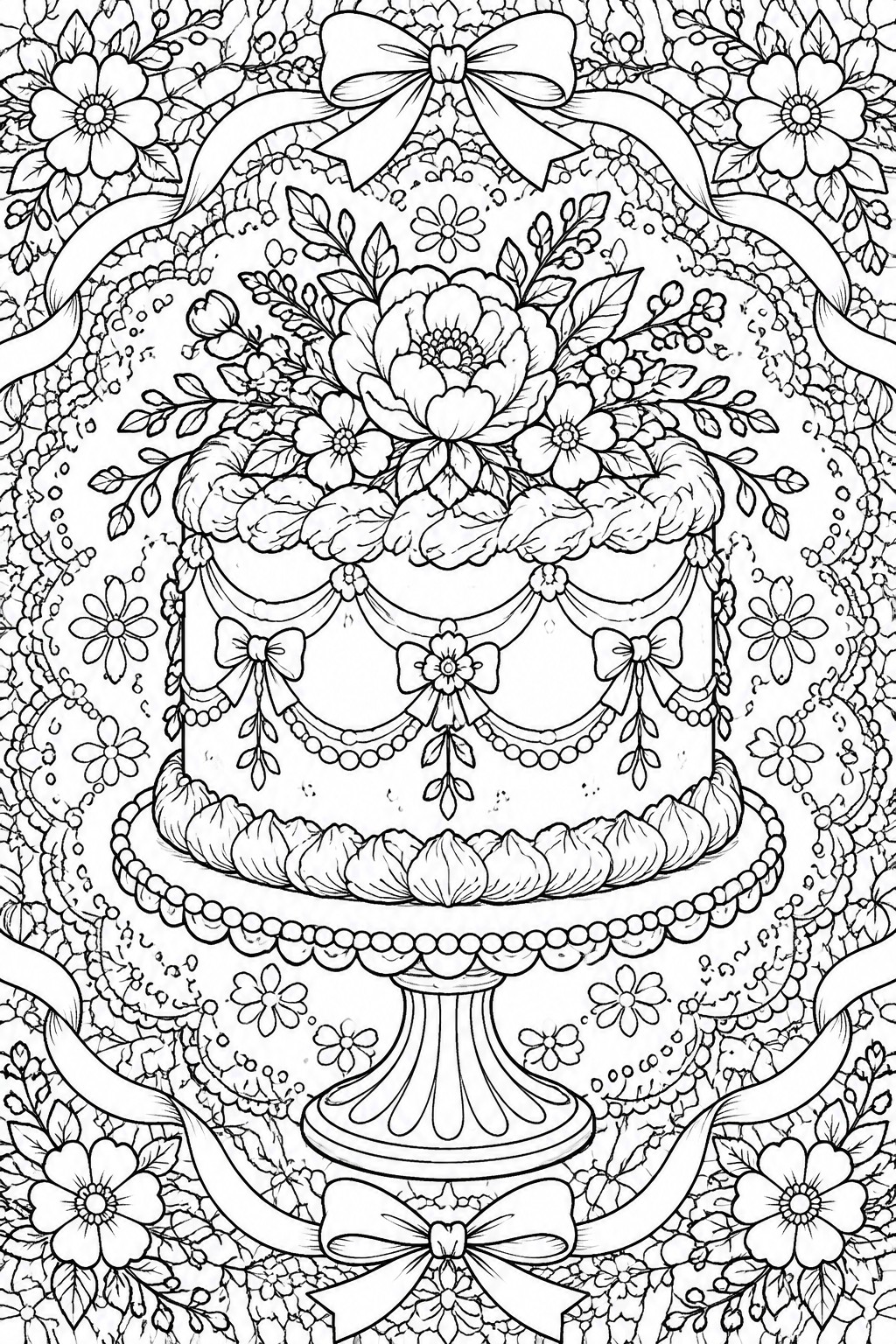 Ornate multi-tiered cake with flowers, bows, and ribbons on pedestal stand in line art.