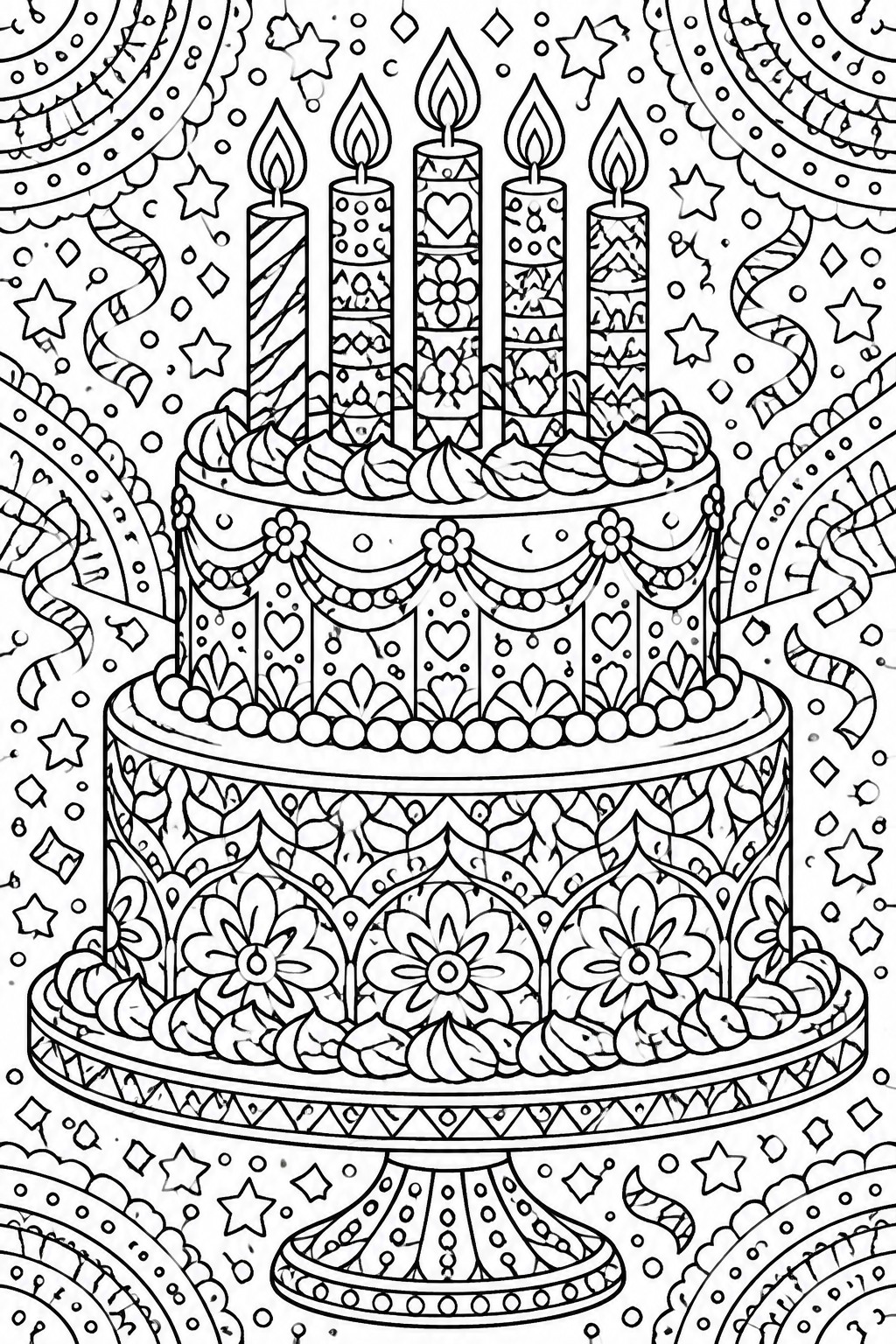 Two-tiered birthday cake with five candles, hearts, flowers, stars, and streamers.