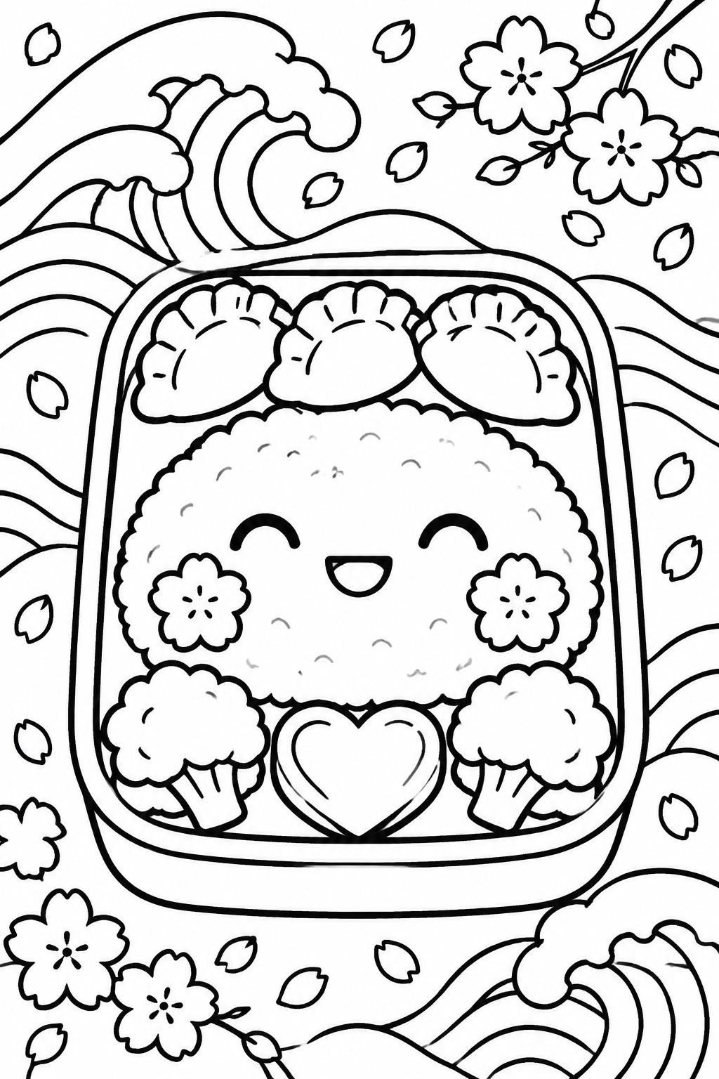 Cute kawaii bento box coloring page with smiling rice, broccoli, dumplings and cherry blossoms