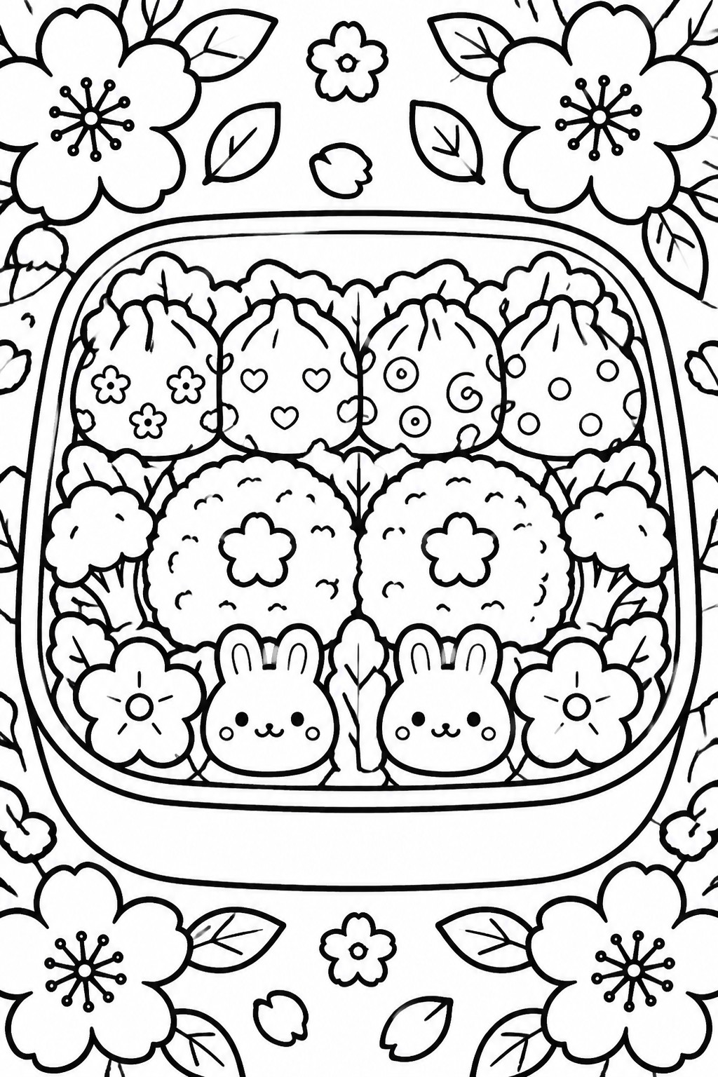Kawaii bento box coloring page with bunny rice balls, dumplings and cherry blossoms