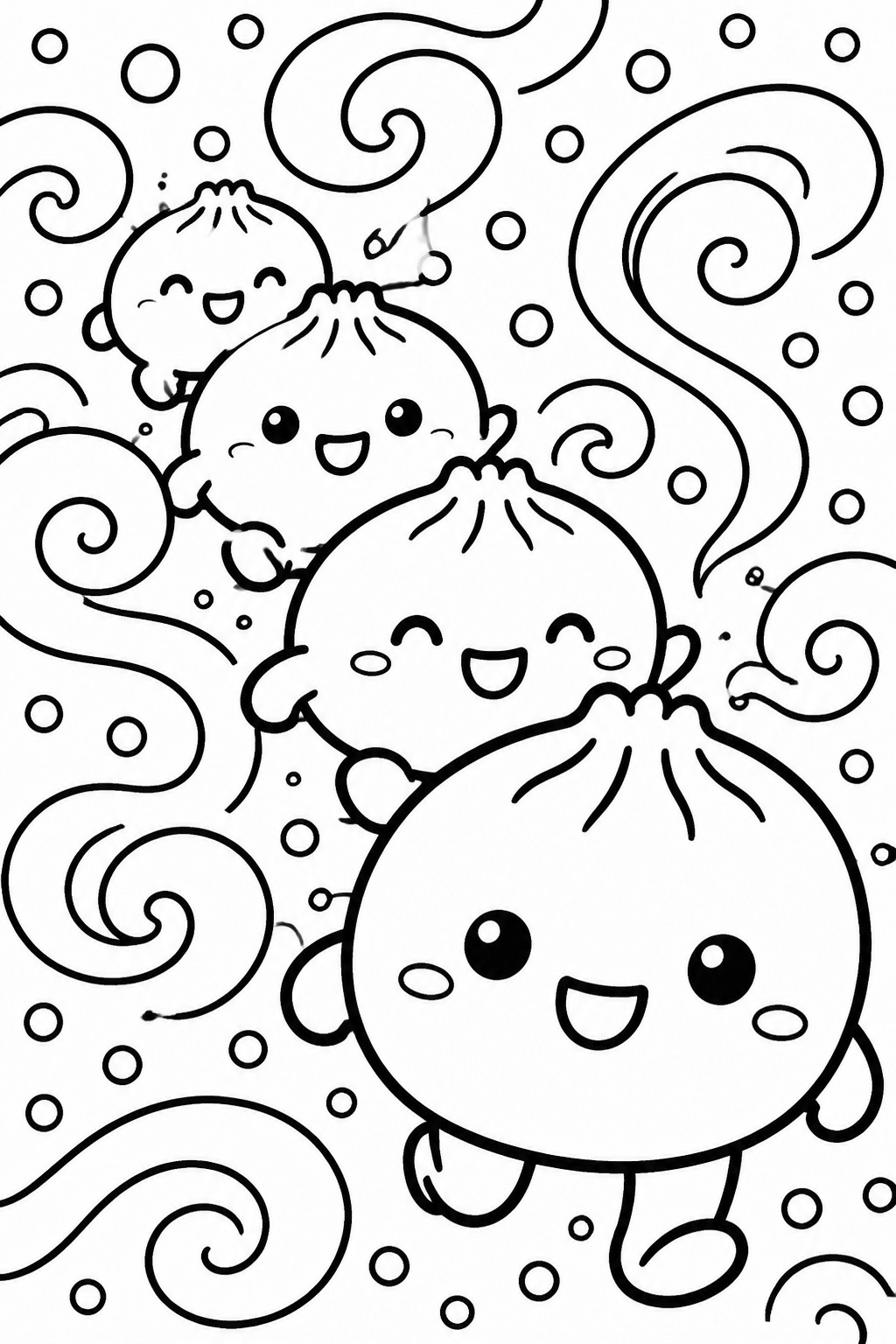 Black and white coloring page of four cute dumplings with faces and limbs surrounded by large swirls and dots.