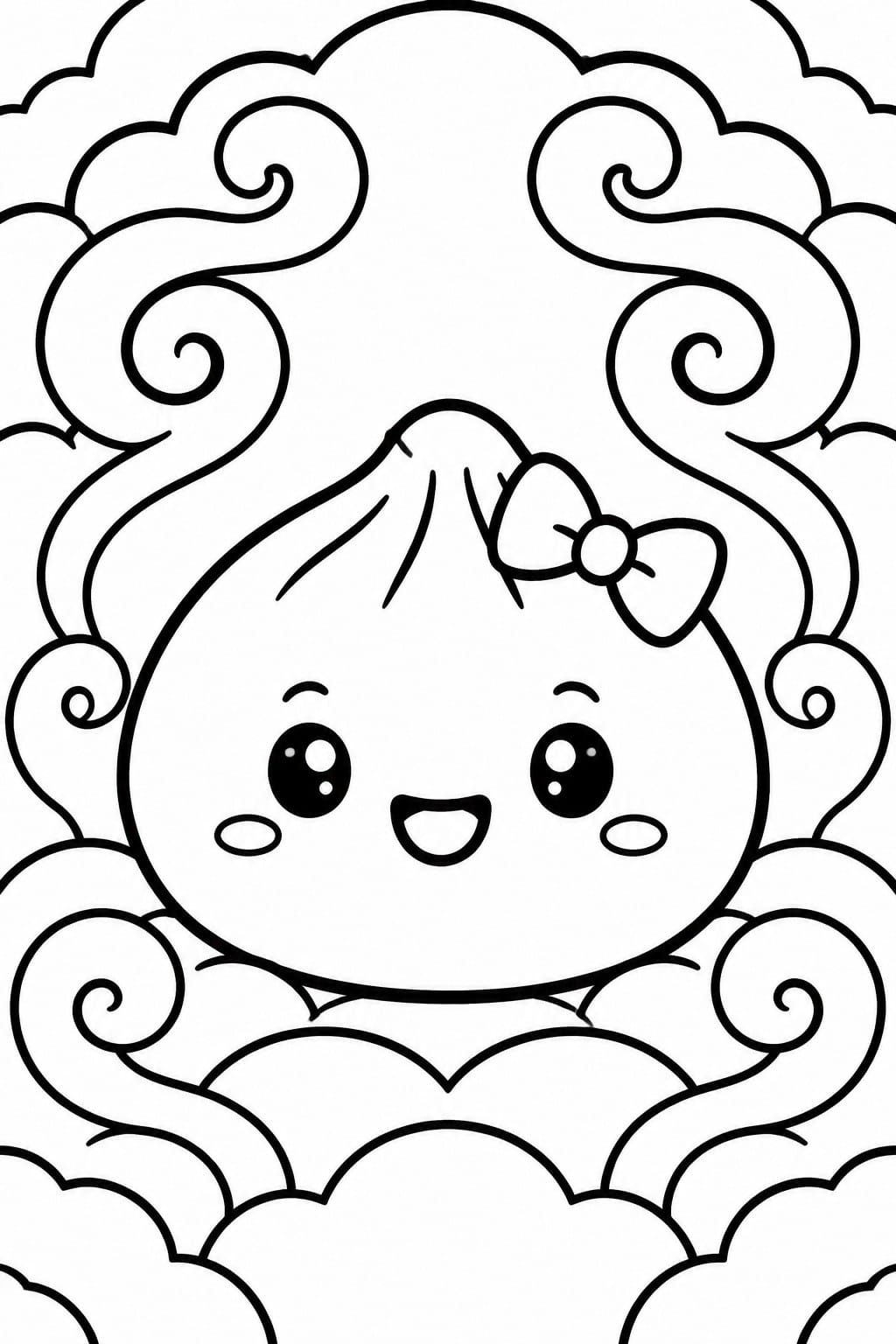 Cute cartoon girl with big curly hair, bow, and smiling face amid clouds