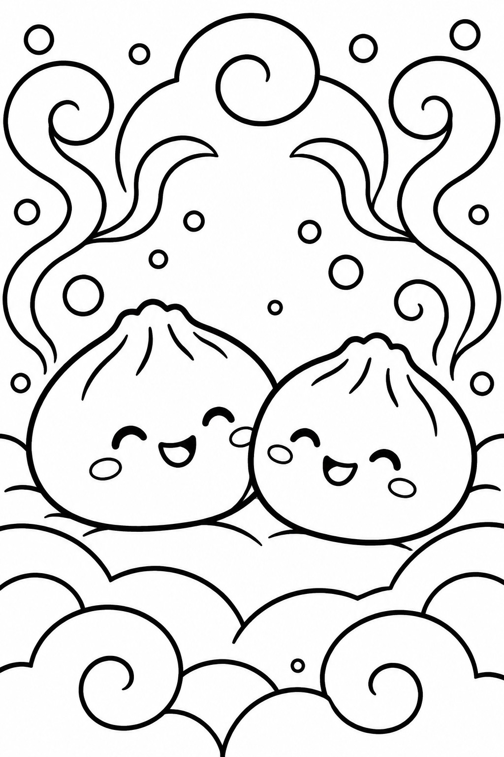 Black and white line drawing of two cute dumplings with faces and many swirling steam lines plus bubbles around them.